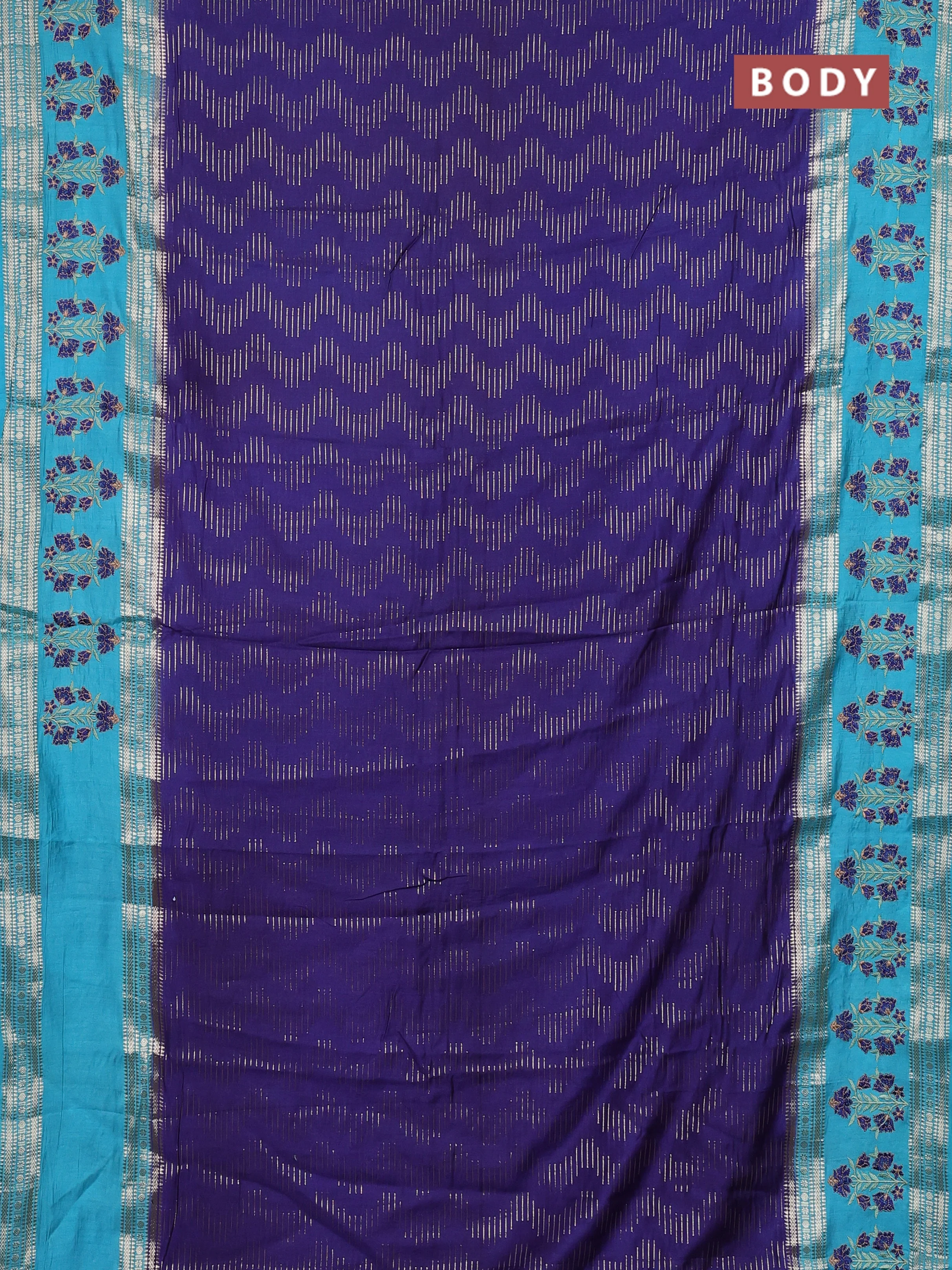 Semi chanderi saree violet shade and teal blue with allover zari weaves and embroidery zari border - Image 2
