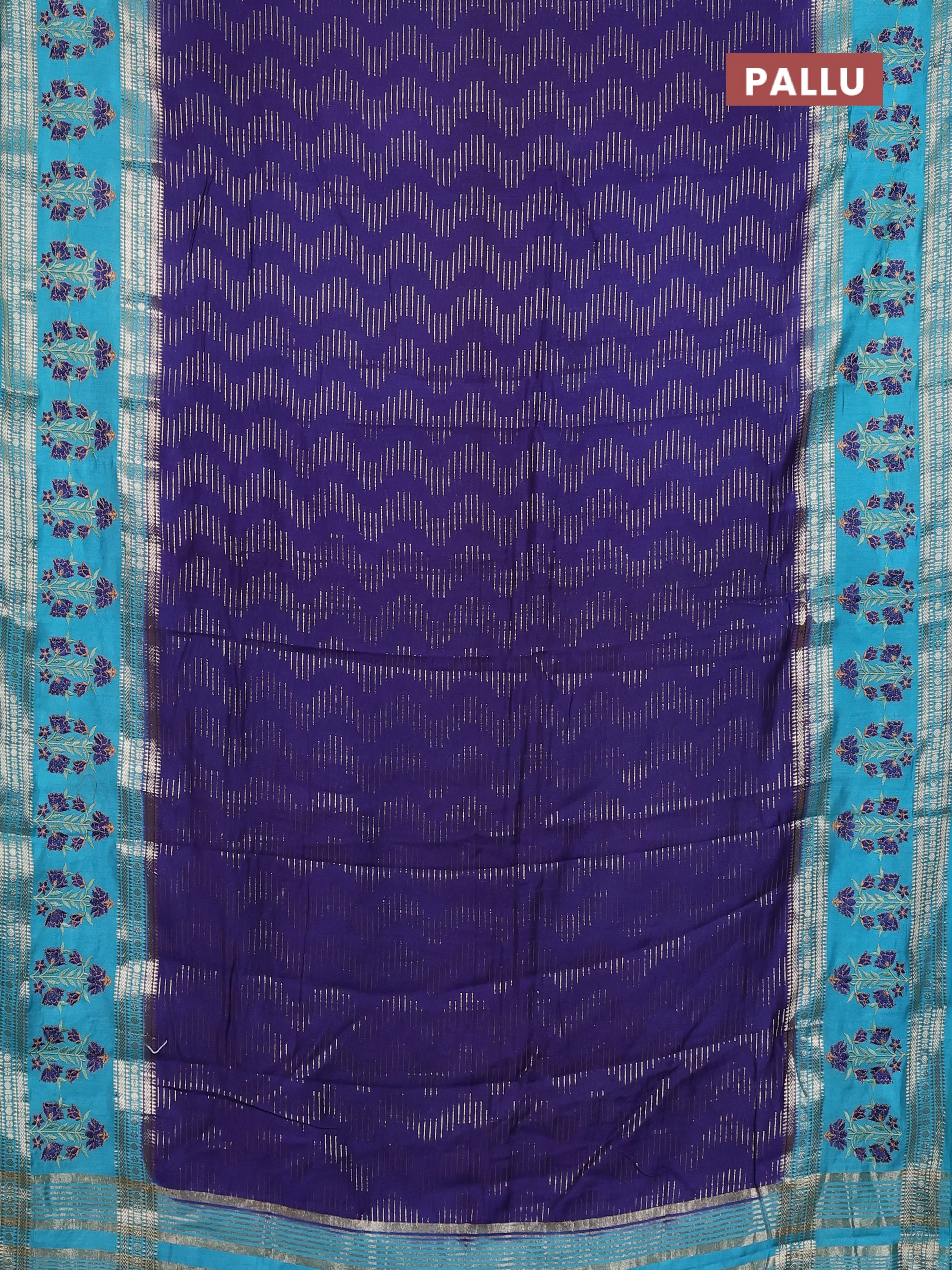 Semi chanderi saree violet shade and teal blue with allover zari weaves and embroidery zari border - Image 3