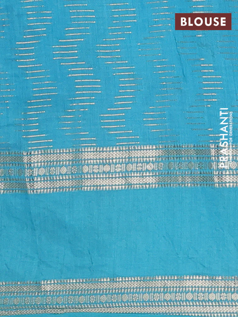 Semi chanderi saree violet shade and teal blue with allover zari weaves and embroidery zari border - Image 4