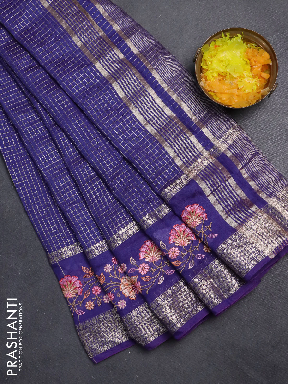 Semi chanderi saree violet with allover zari checked pattern and floral embroidery border