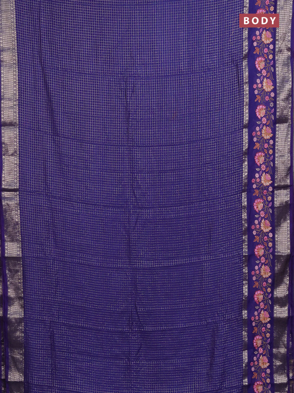 Semi chanderi saree violet with allover zari checked pattern and floral embroidery border - Image 2