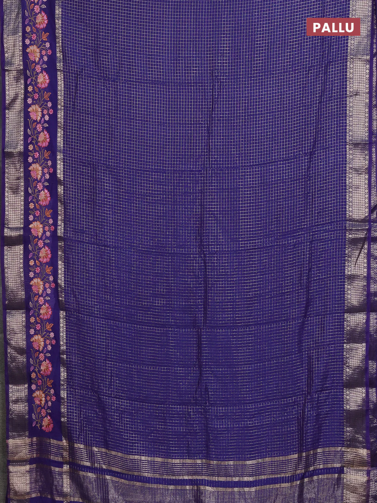 Semi chanderi saree violet with allover zari checked pattern and floral embroidery border - Image 3