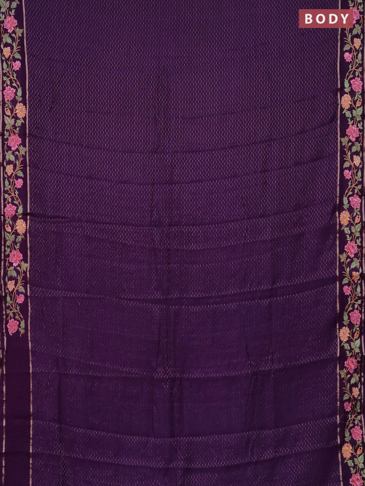 Semi chanderi saree violet with allover zari weaves and floral embroidery border - Image 2