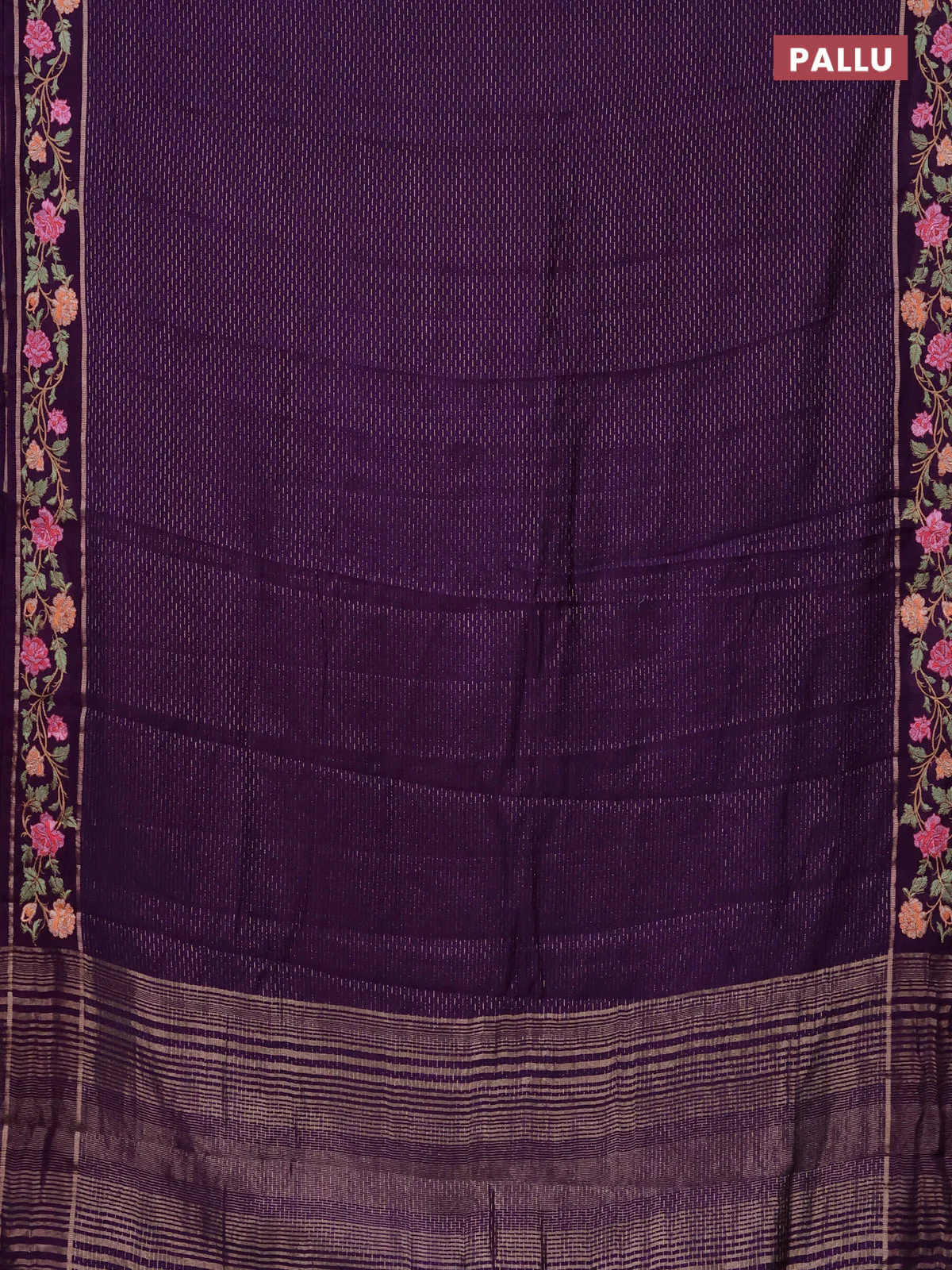 Semi chanderi saree violet with allover zari weaves and floral embroidery border - Image 3