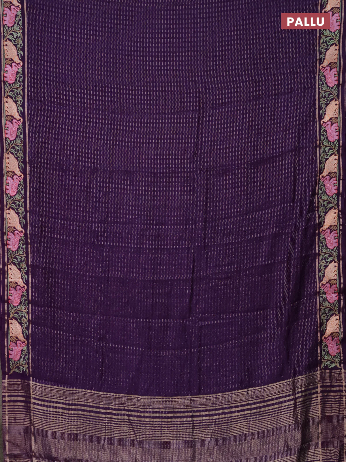 Semi chanderi saree violet with allover zari weaves and floral embroidery border - Image 3