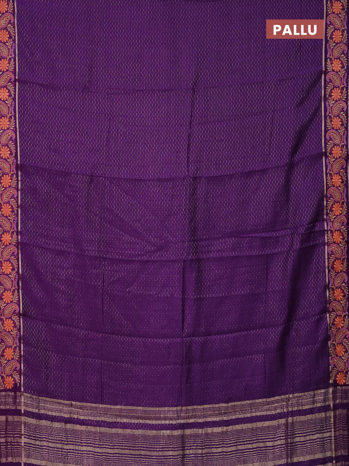 Semi chanderi saree violet with allover zari woven stripes pattern and embroidery border - Image 3