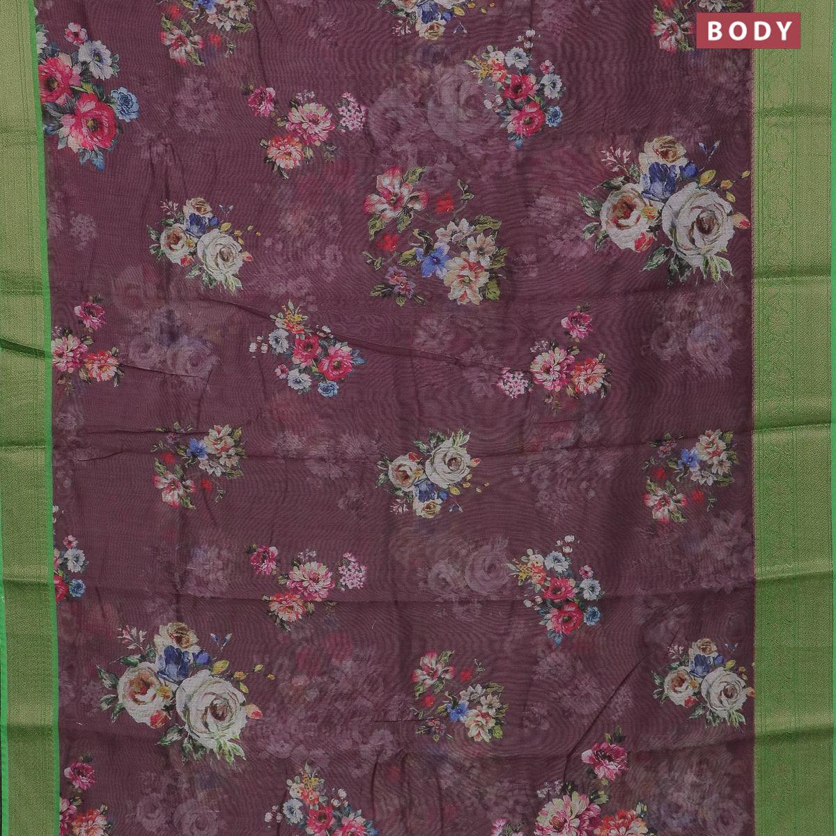 Semi chanderi saree wine shade and green with allover floral prints and banarasi style border - - Image 2