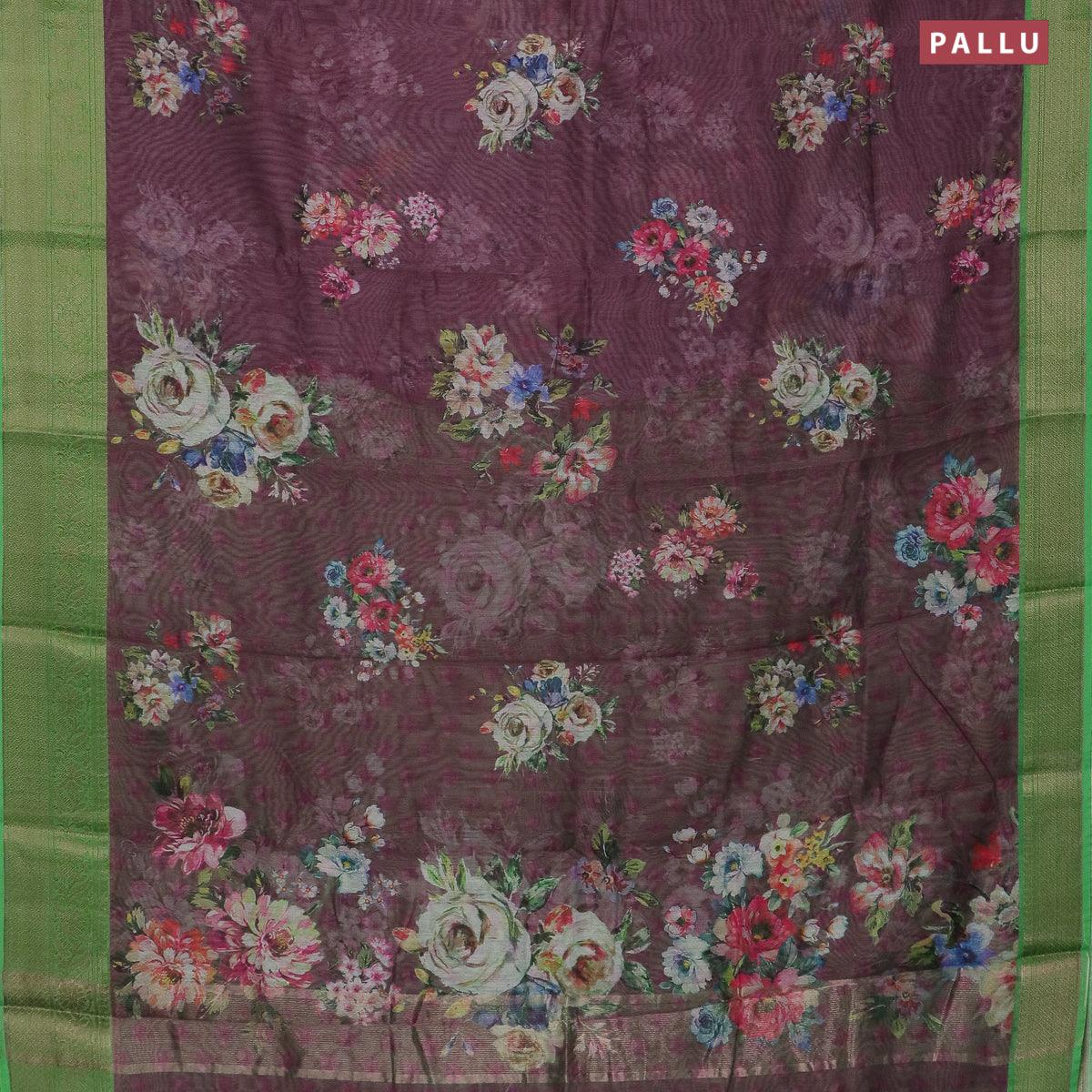Semi chanderi saree wine shade and green with allover floral prints and banarasi style border - - Image 3