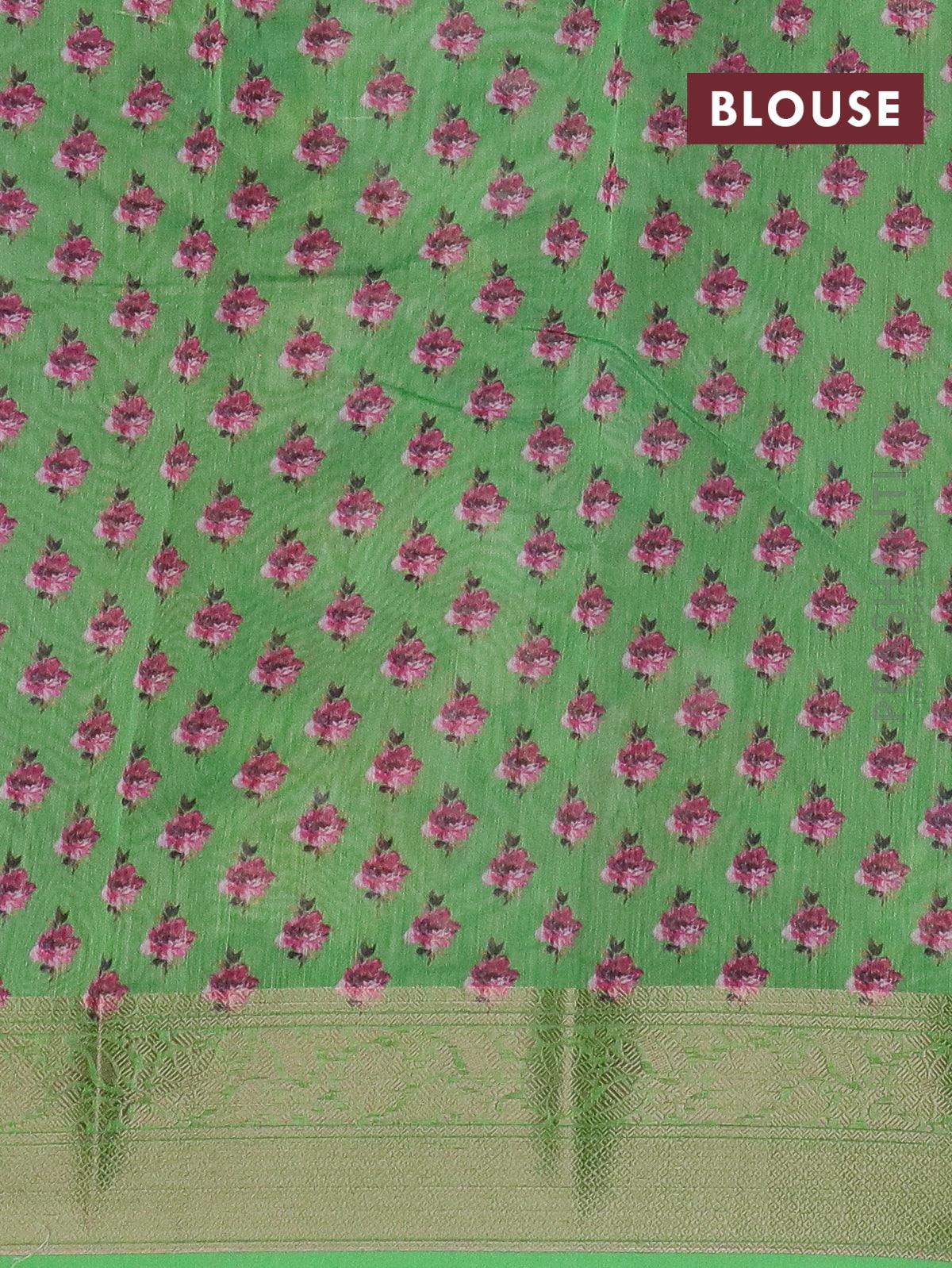 Semi chanderi saree wine shade and green with allover floral prints and banarasi style border - - Image 4