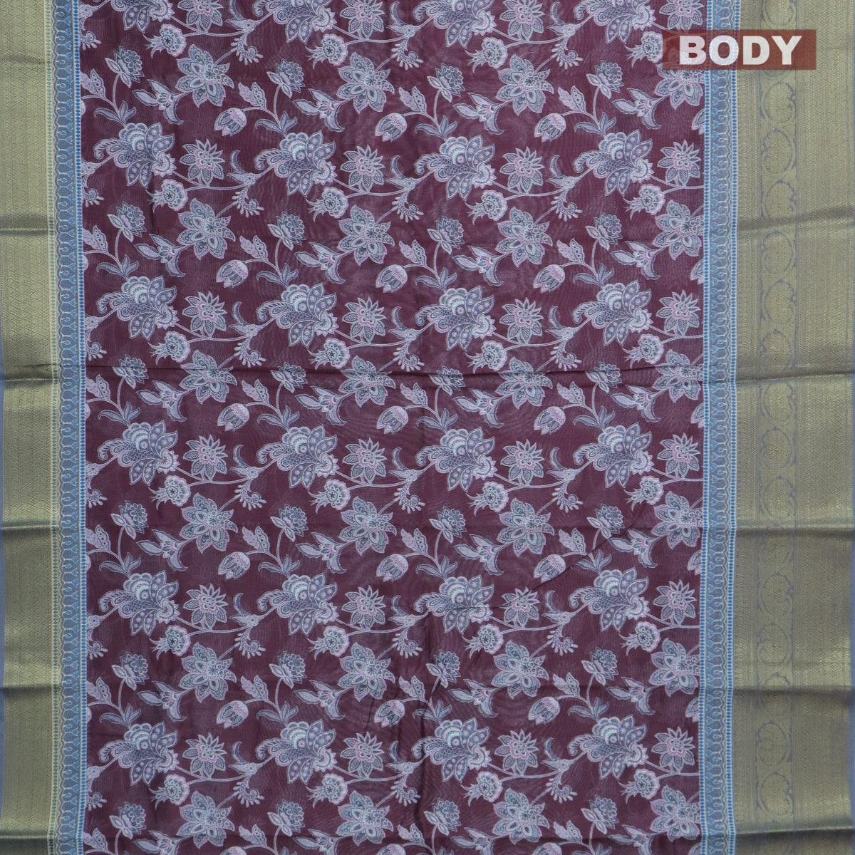 Semi chanderi saree wine shade and grey with allover prints and banarasi style border - - Image 2