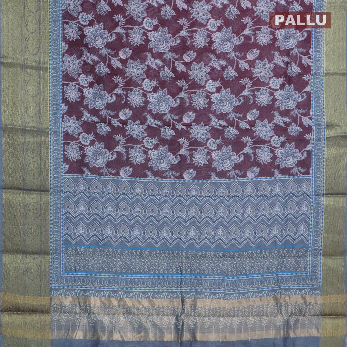 Semi chanderi saree wine shade and grey with allover prints and banarasi style border - - Image 3