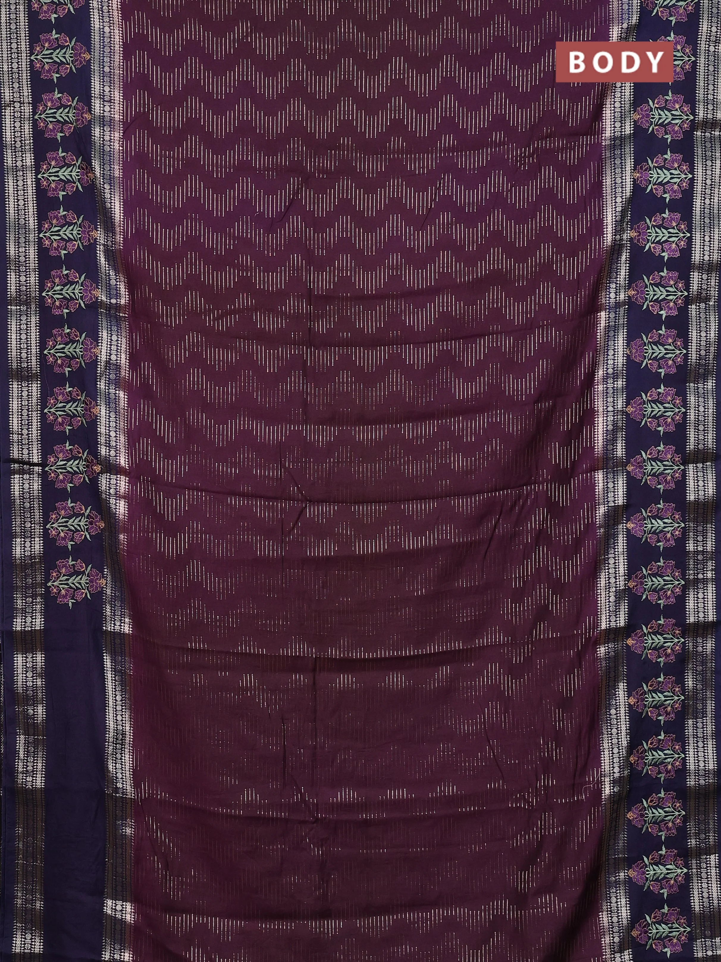 Semi chanderi saree wine shade and navy blue with allover zari weaves and embroidery zari border - Image 2