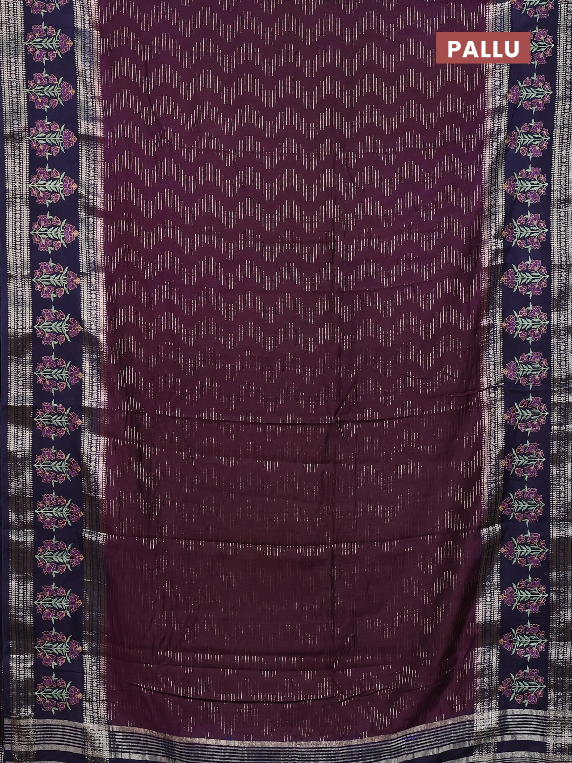 Semi chanderi saree wine shade and navy blue with allover zari weaves and embroidery zari border - Image 3