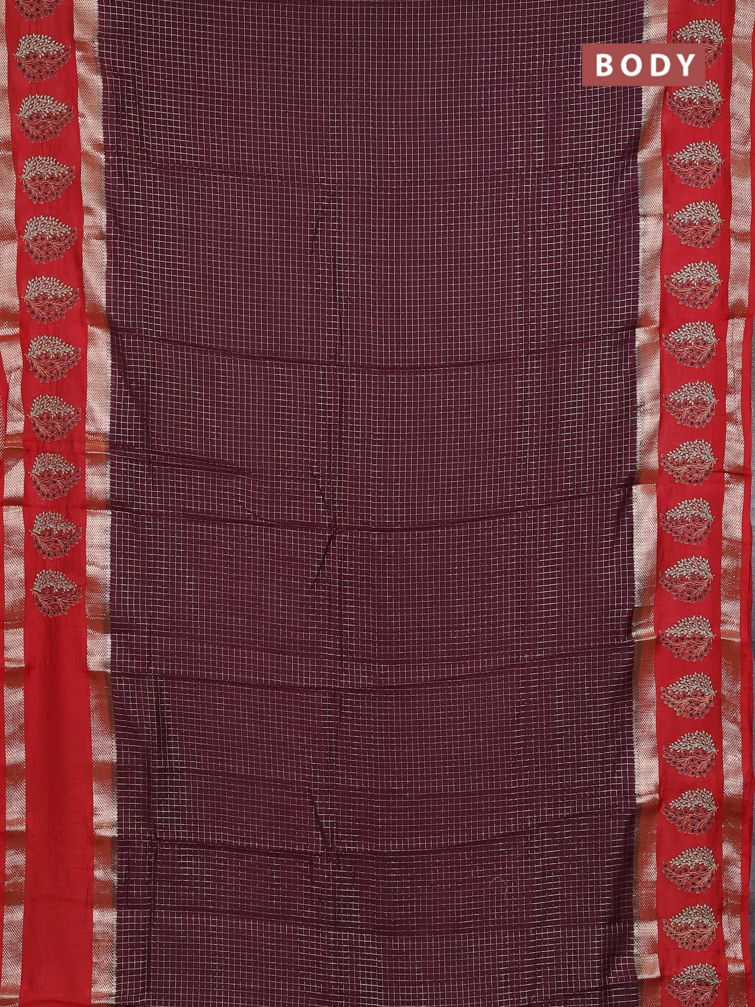 Semi chanderi saree wine shade and red with allover zari woven checked pattern and embroidery zari border - Image 2