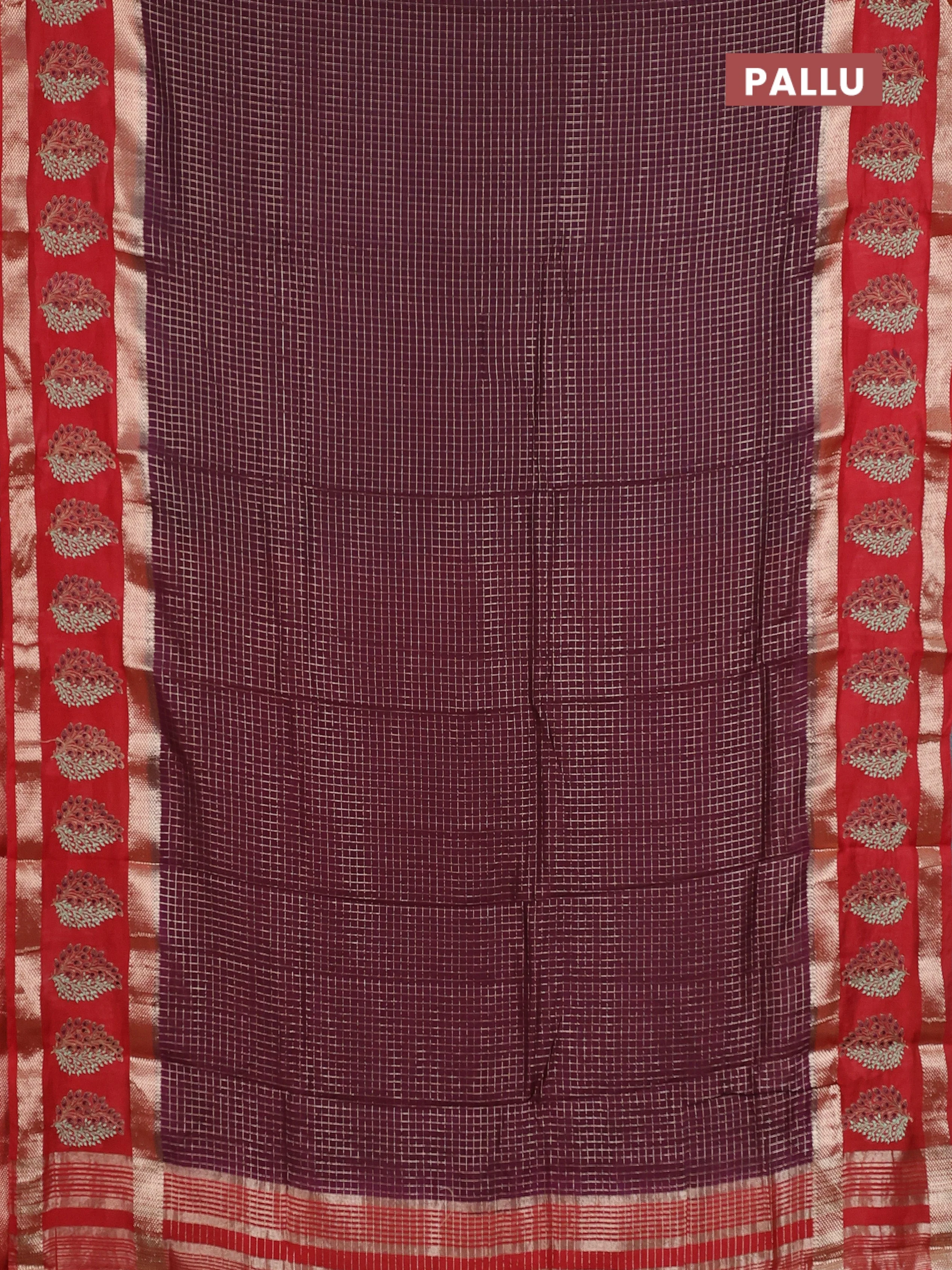 Semi chanderi saree wine shade and red with allover zari woven checked pattern and embroidery zari border - Image 3