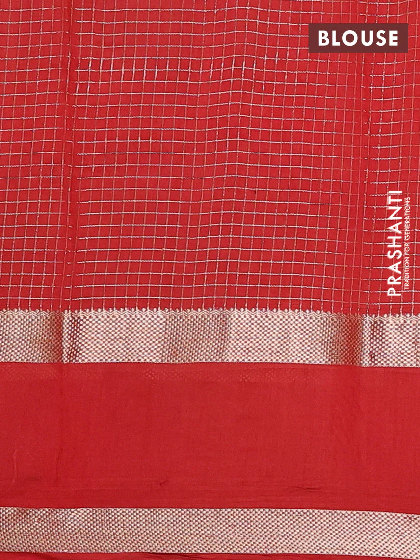 Semi chanderi saree wine shade and red with allover zari woven checked pattern and embroidery zari border - Image 4