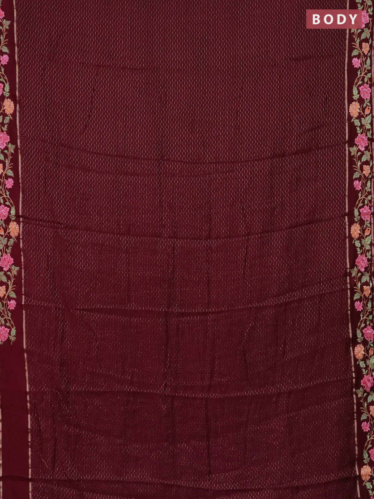 Semi chanderi saree wine shade with allover zari weaves and floral embroidery border - Image 2