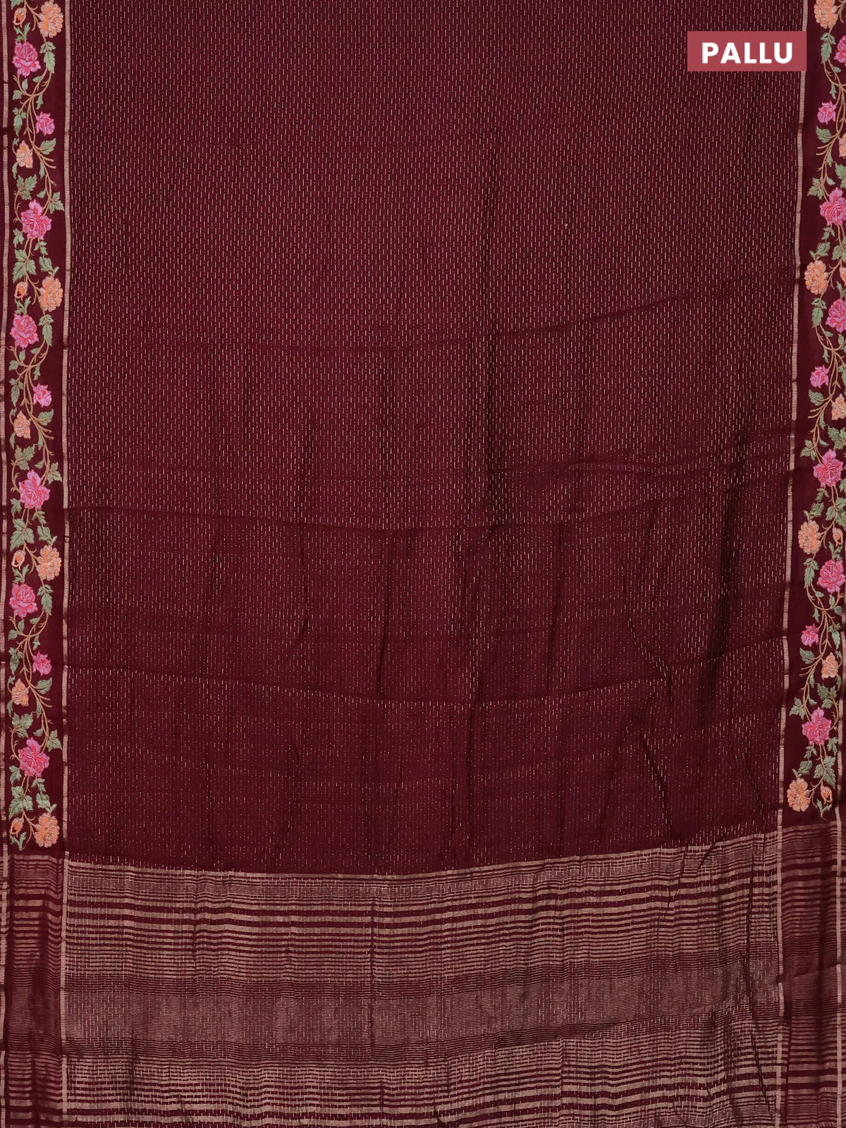 Semi chanderi saree wine shade with allover zari weaves and floral embroidery border - Image 3