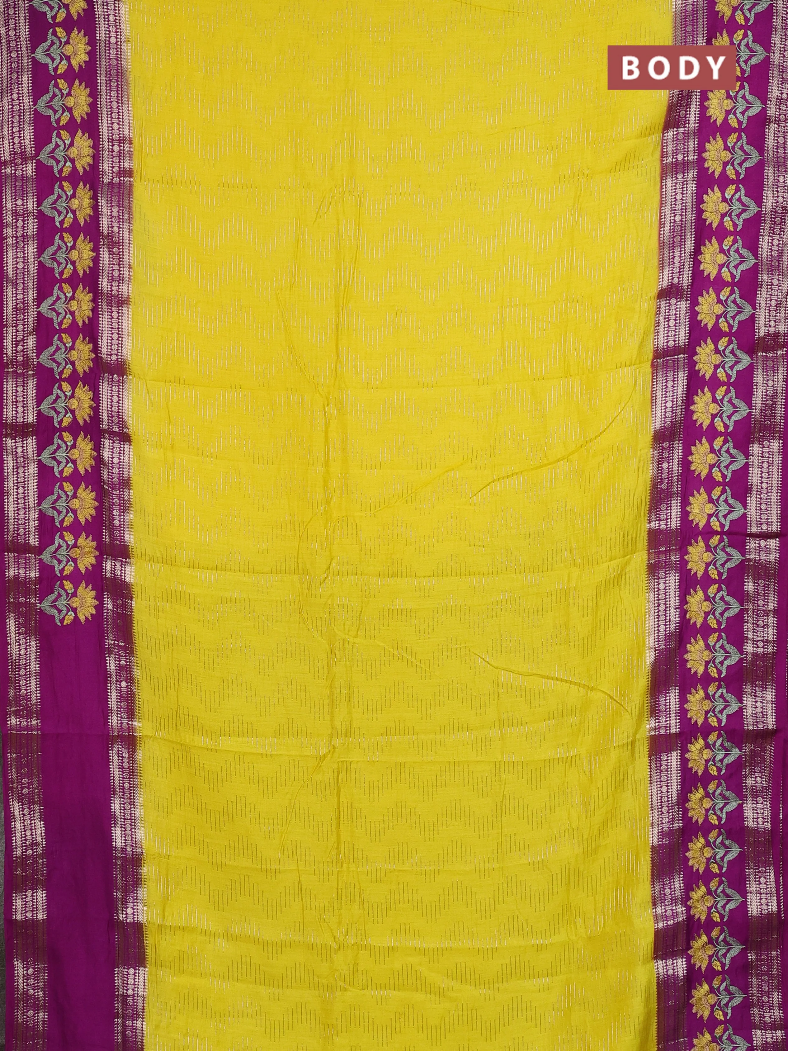 Semi chanderi saree yellow and purple with allover zari weaves and embroidery zari border - Image 2