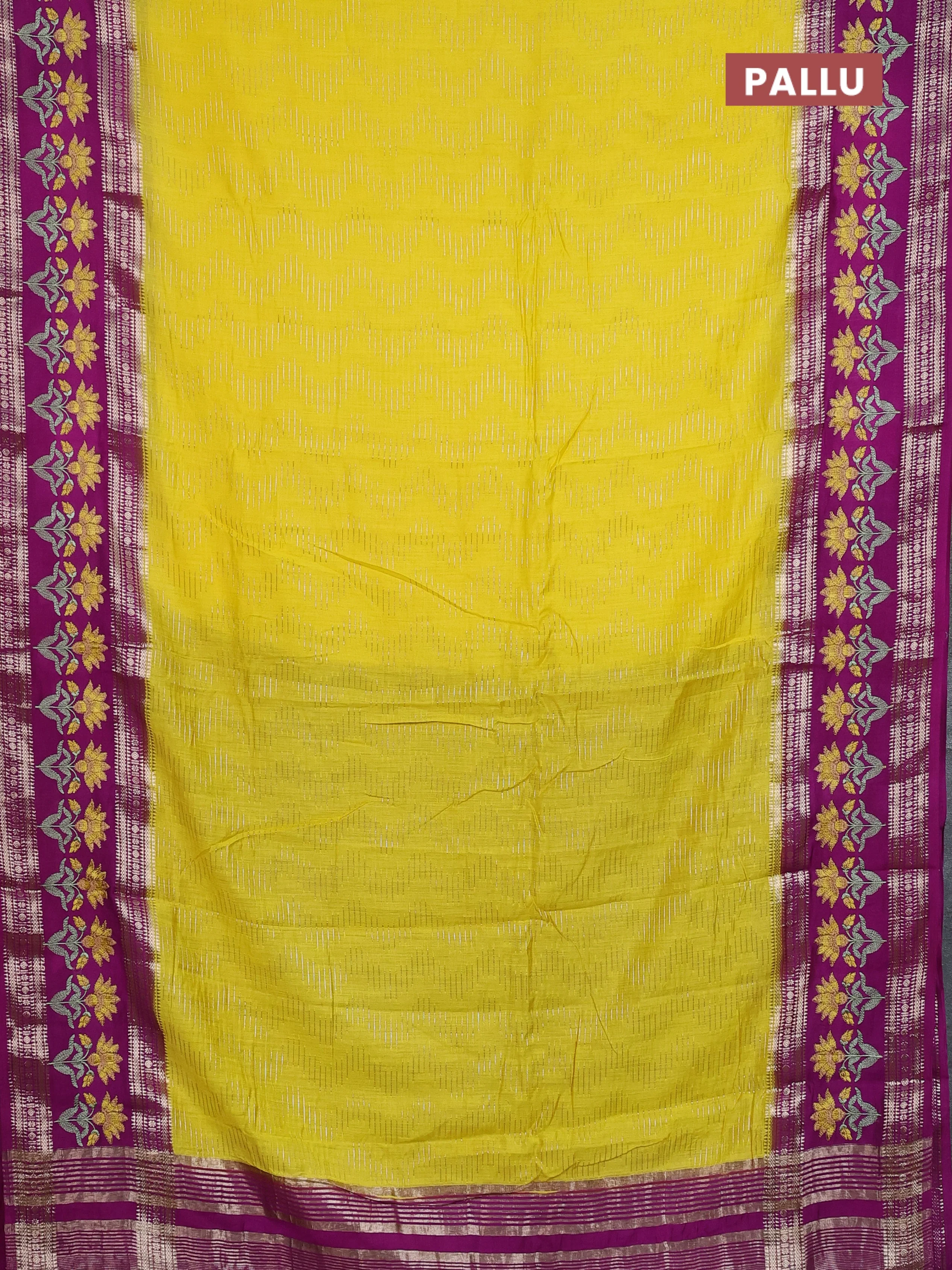 Semi chanderi saree yellow and purple with allover zari weaves and embroidery zari border - Image 3