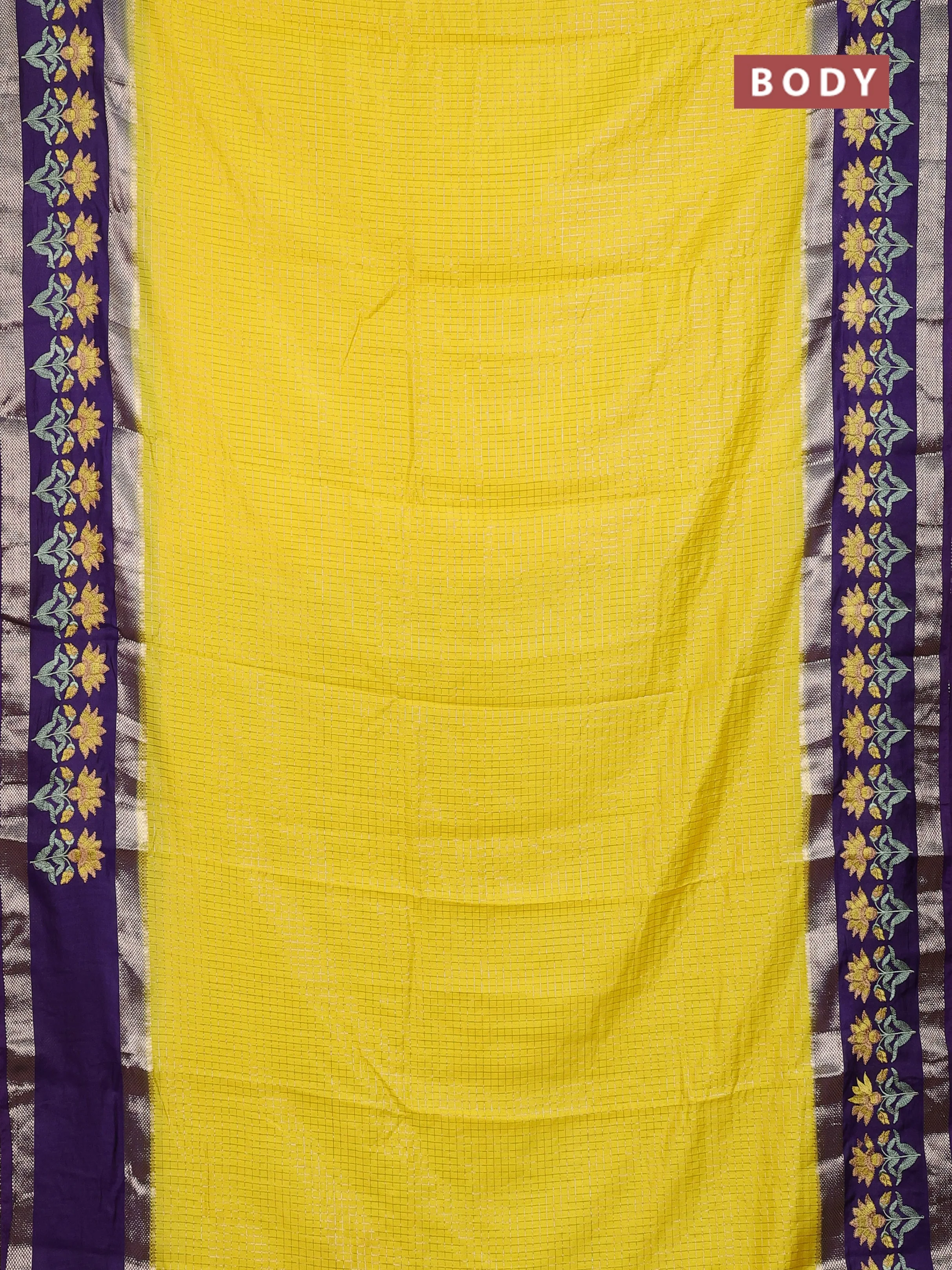 Semi chanderi saree yellow and purple with allover zari woven checked pattern and embroidery zari border - Image 2