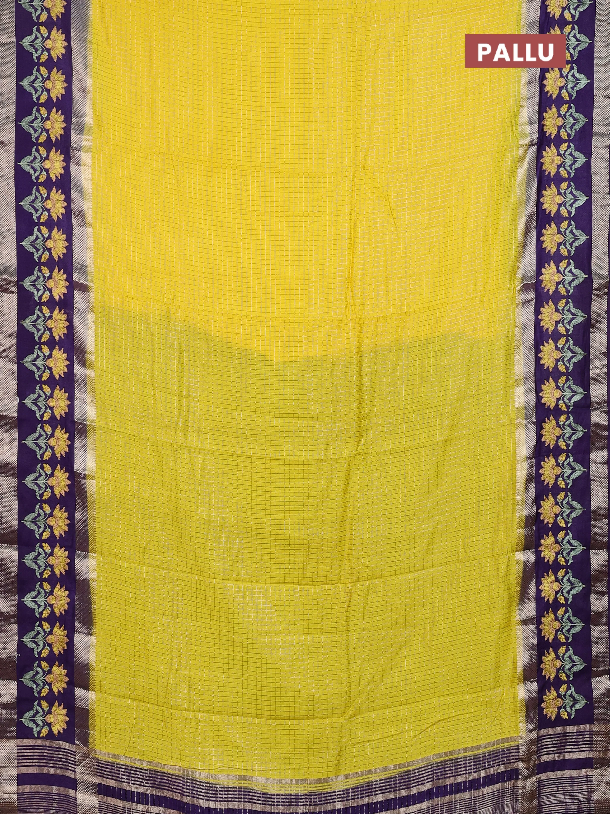 Semi chanderi saree yellow and purple with allover zari woven checked pattern and embroidery zari border - Image 3
