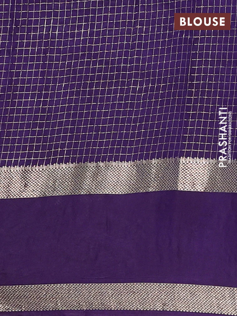 Semi chanderi saree yellow and purple with allover zari woven checked pattern and embroidery zari border - Image 4