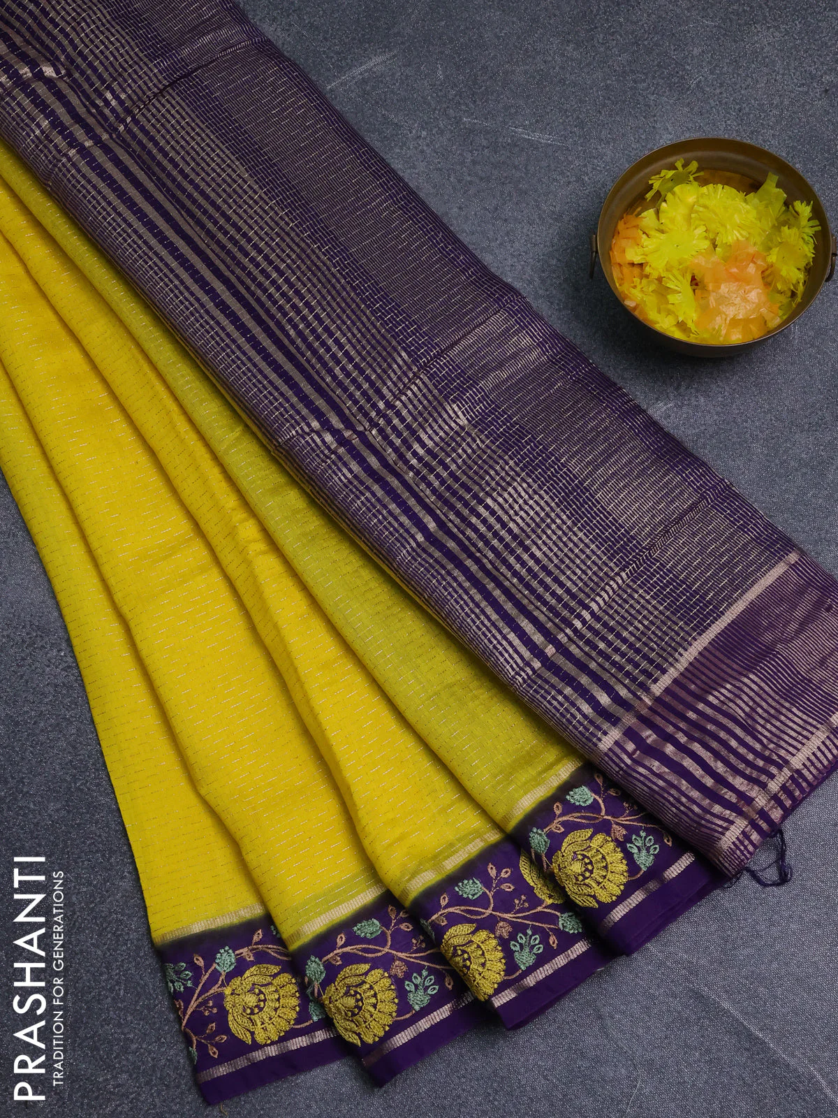 Semi chanderi saree yellow and violet with allover zari weaves and embroidery zari border