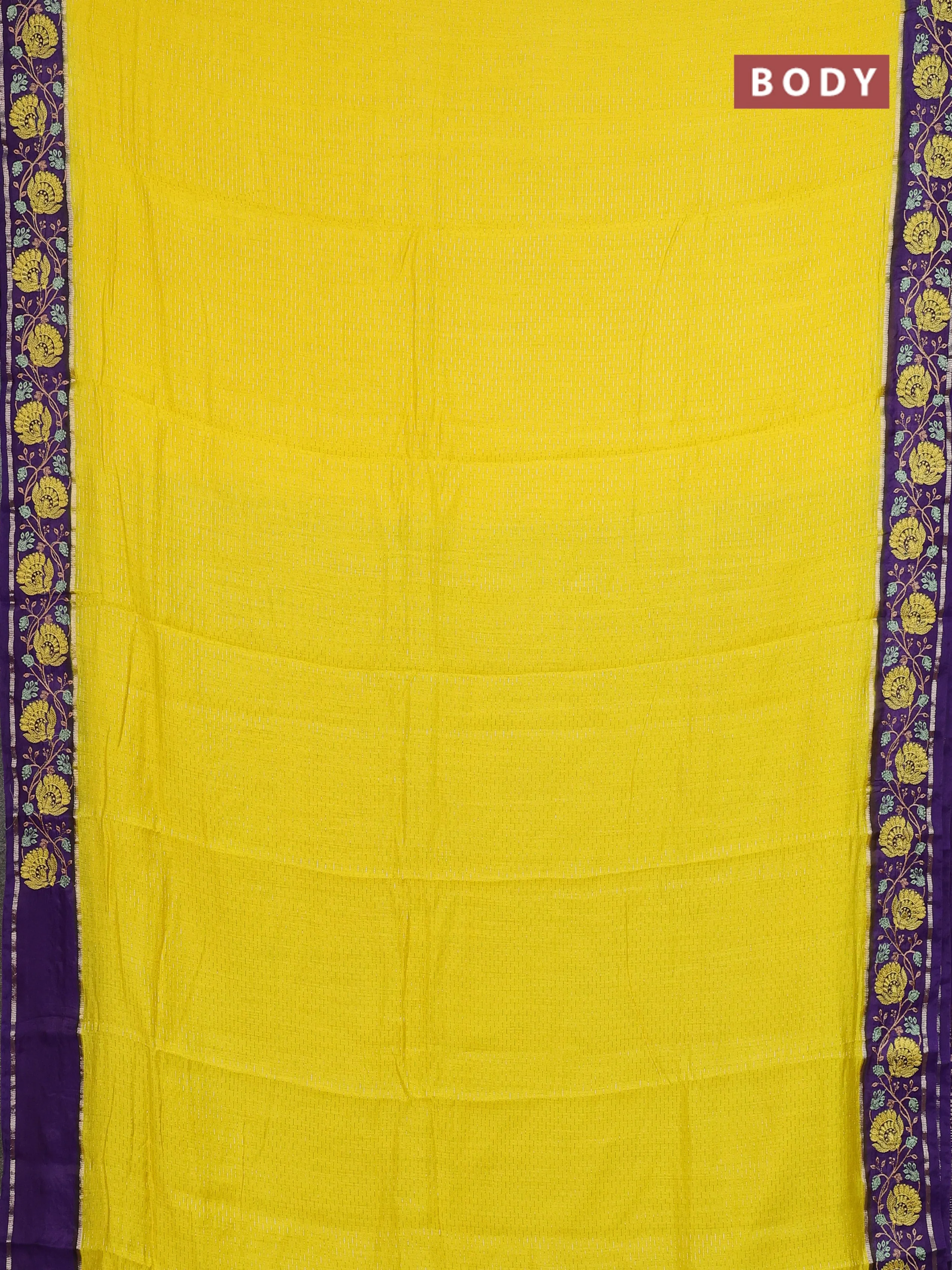 Semi chanderi saree yellow and violet with allover zari weaves and embroidery zari border - Image 2