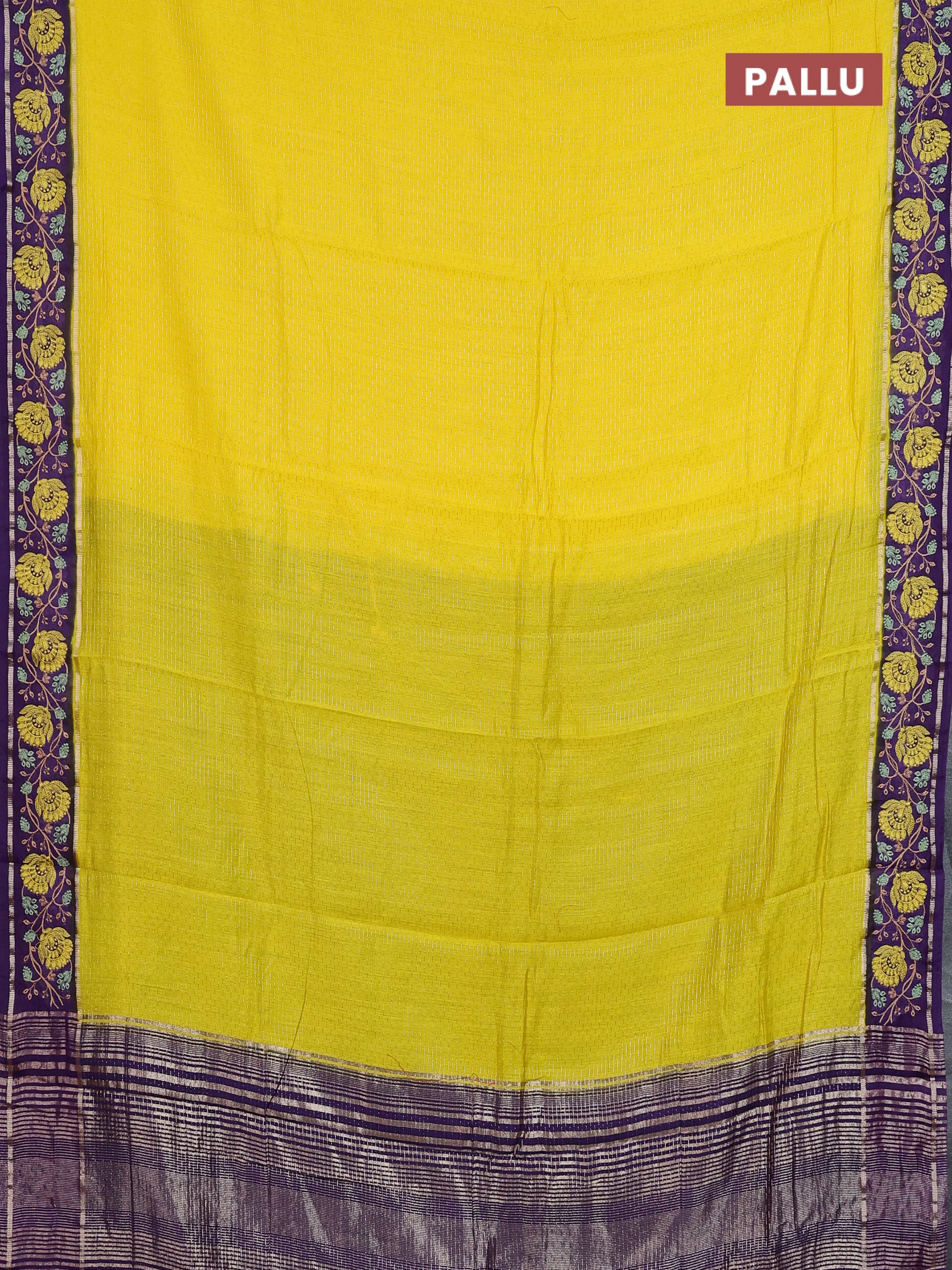 Semi chanderi saree yellow and violet with allover zari weaves and embroidery zari border - Image 3