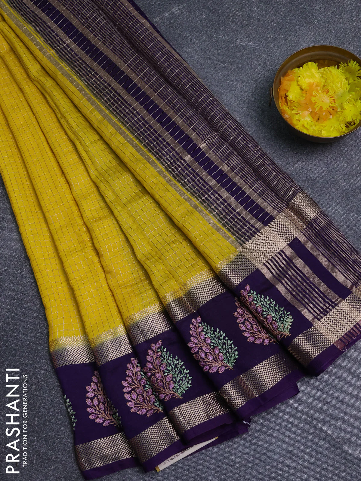 Semi chanderi saree yellow and violet with allover zari woven checked pattern and embroidery zari border