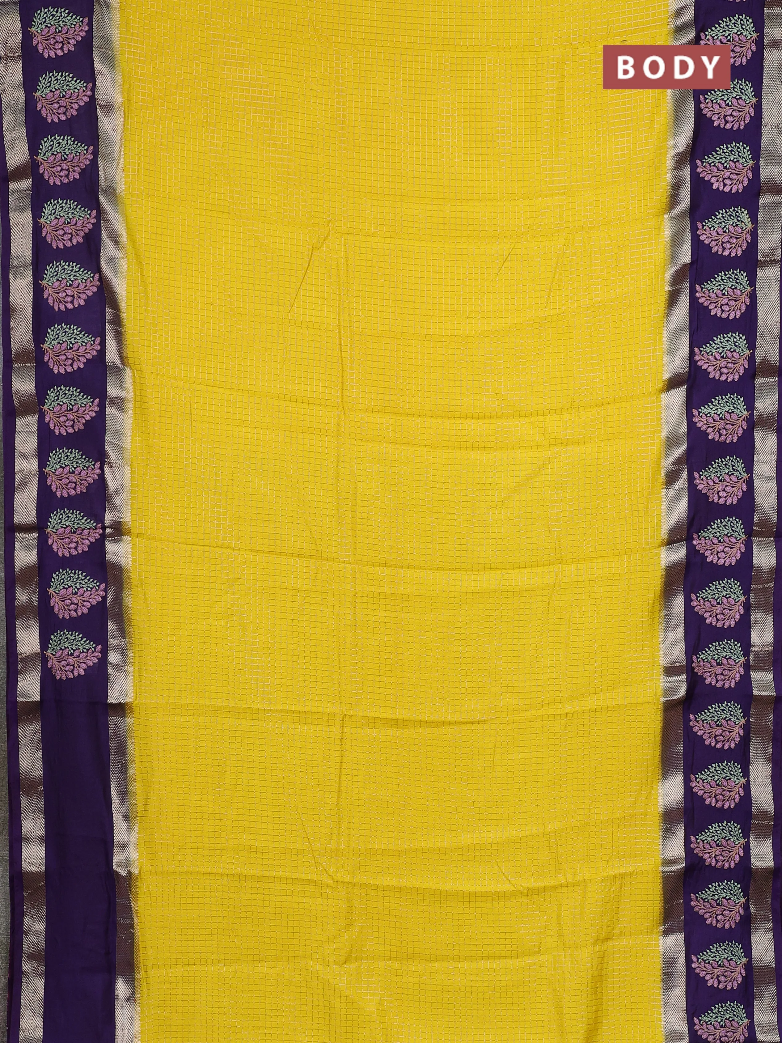 Semi chanderi saree yellow and violet with allover zari woven checked pattern and embroidery zari border - Image 2