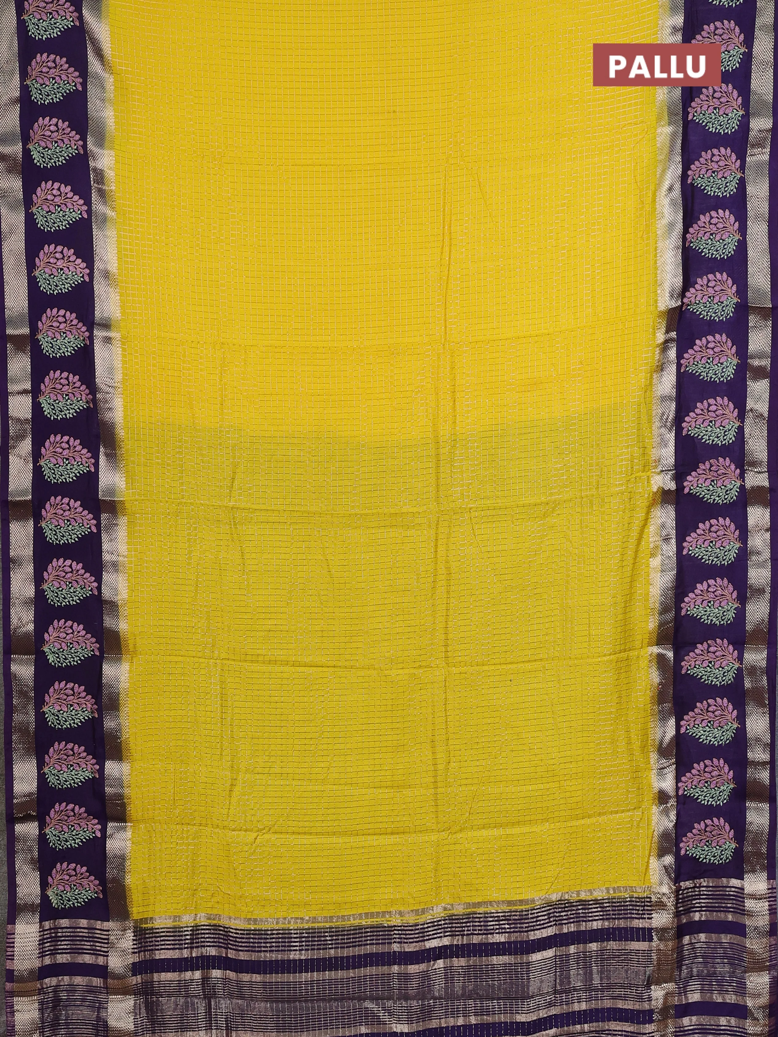 Semi chanderi saree yellow and violet with allover zari woven checked pattern and embroidery zari border - Image 3