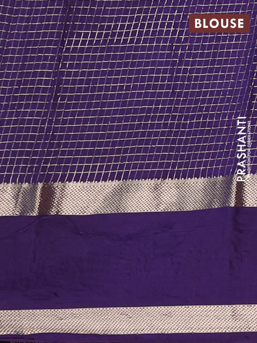 Semi chanderi saree yellow and violet with allover zari woven checked pattern and embroidery zari border - Image 4