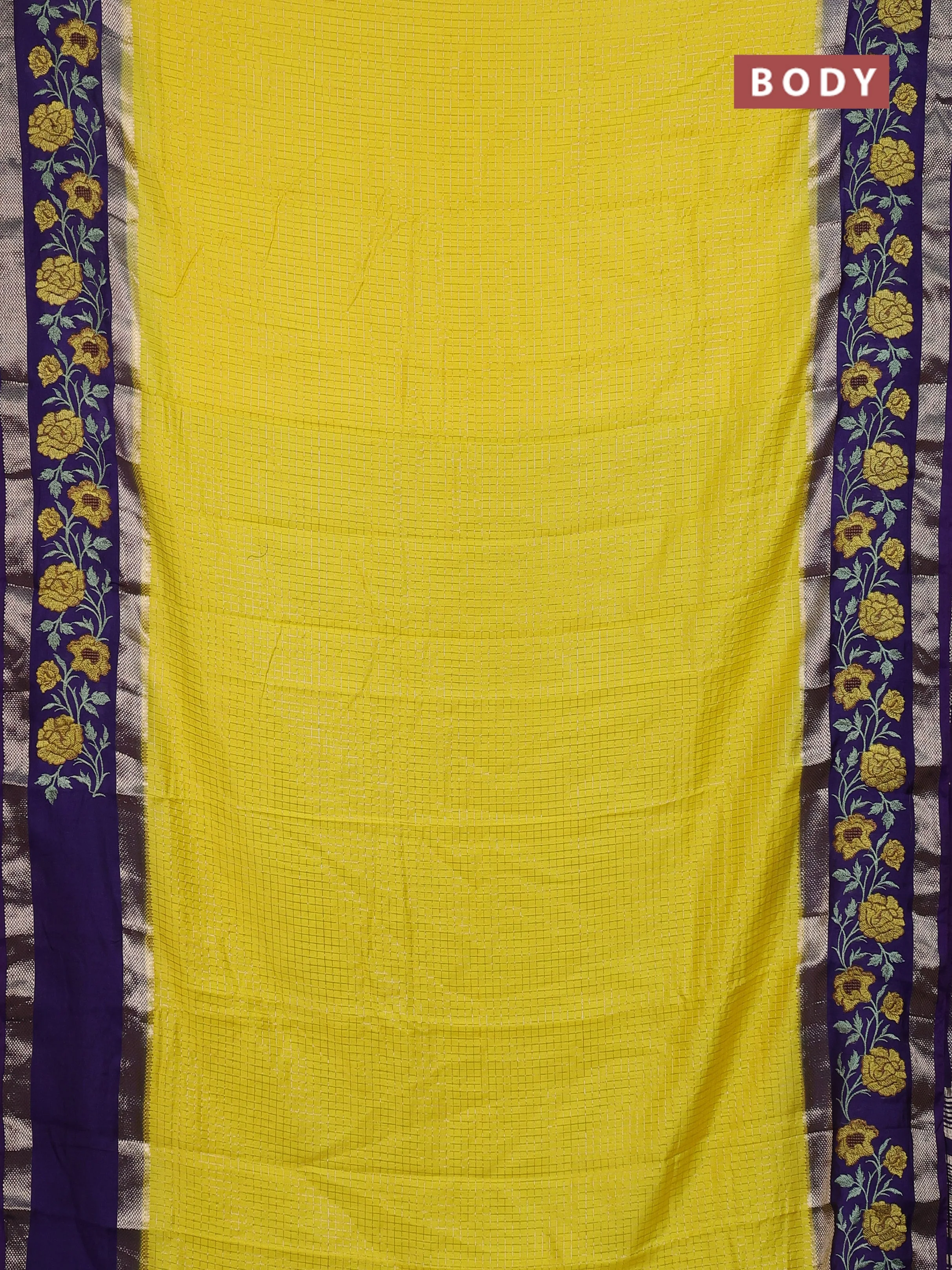 Semi chanderi saree yellow and violet with allover zari woven checked pattern and embroidery zari border - Image 2