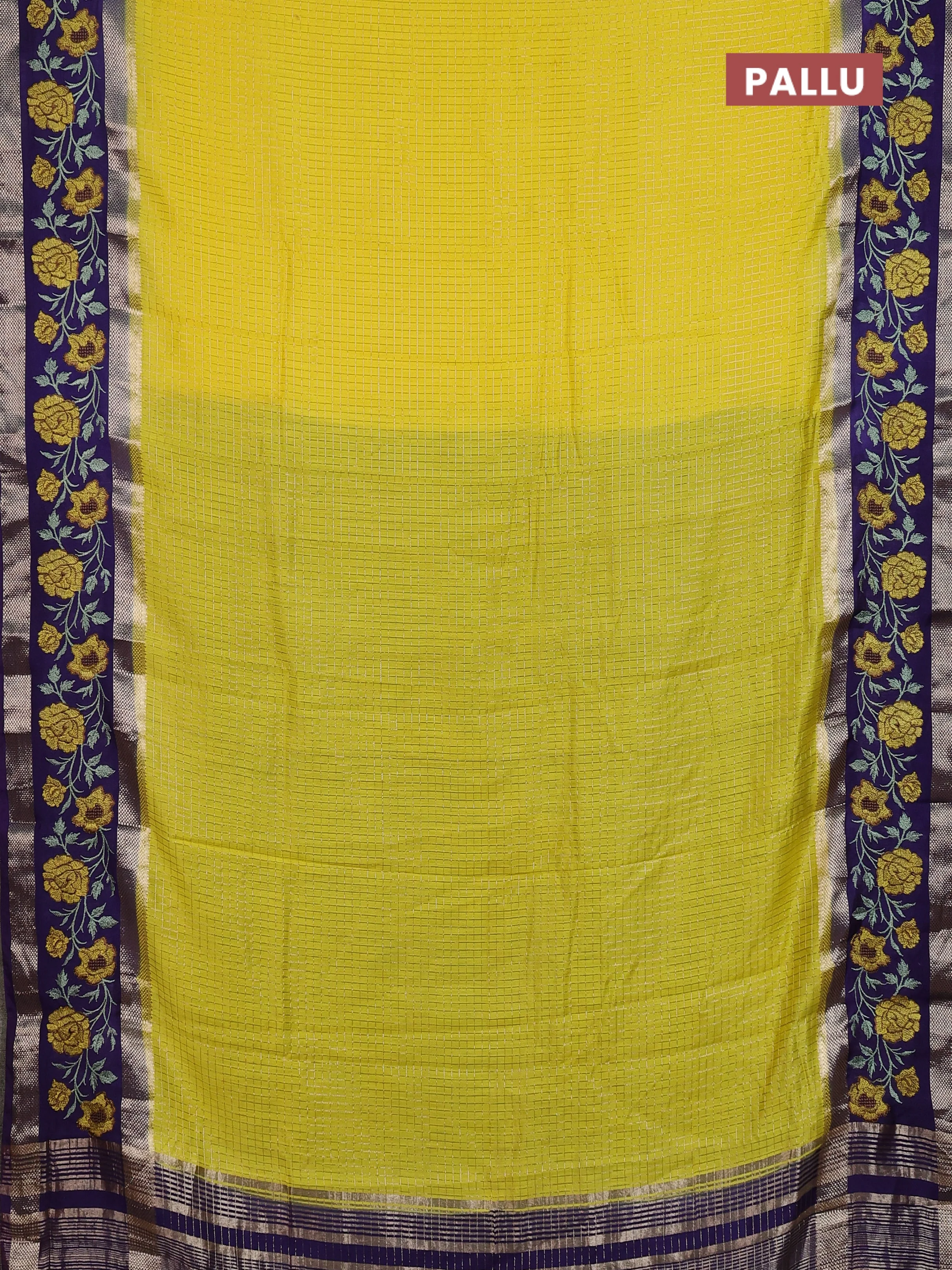 Semi chanderi saree yellow and violet with allover zari woven checked pattern and embroidery zari border - Image 3