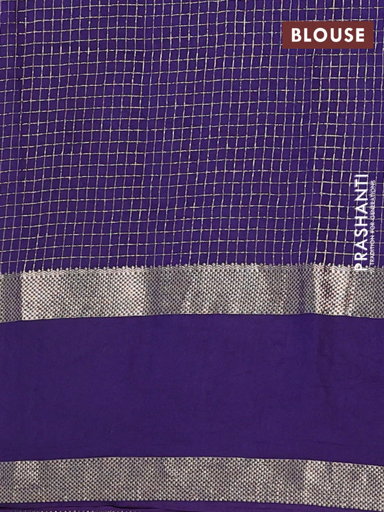Semi chanderi saree yellow and violet with allover zari woven checked pattern and embroidery zari border - Image 4