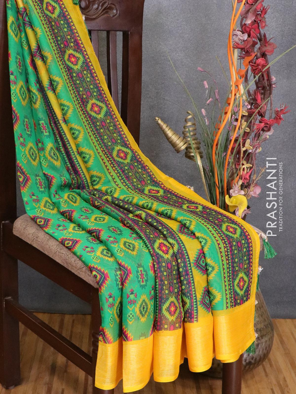 Semi chiffon saree green and yellow with allover prints and zari woven border - LBZ0993 - Image 2