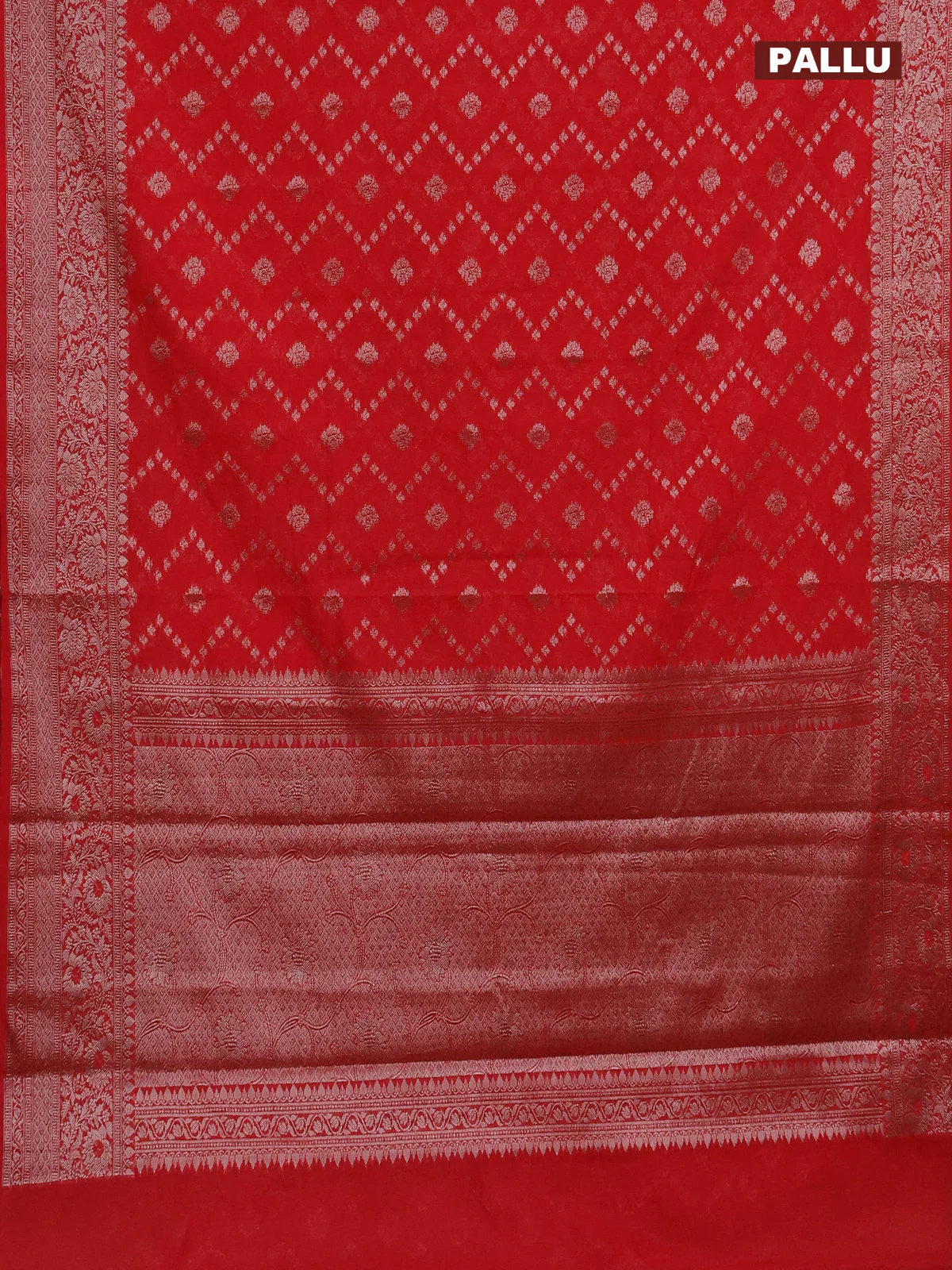 Semi chiniya saree red with allover thread & zari weaves and banarasi style border - Image 3