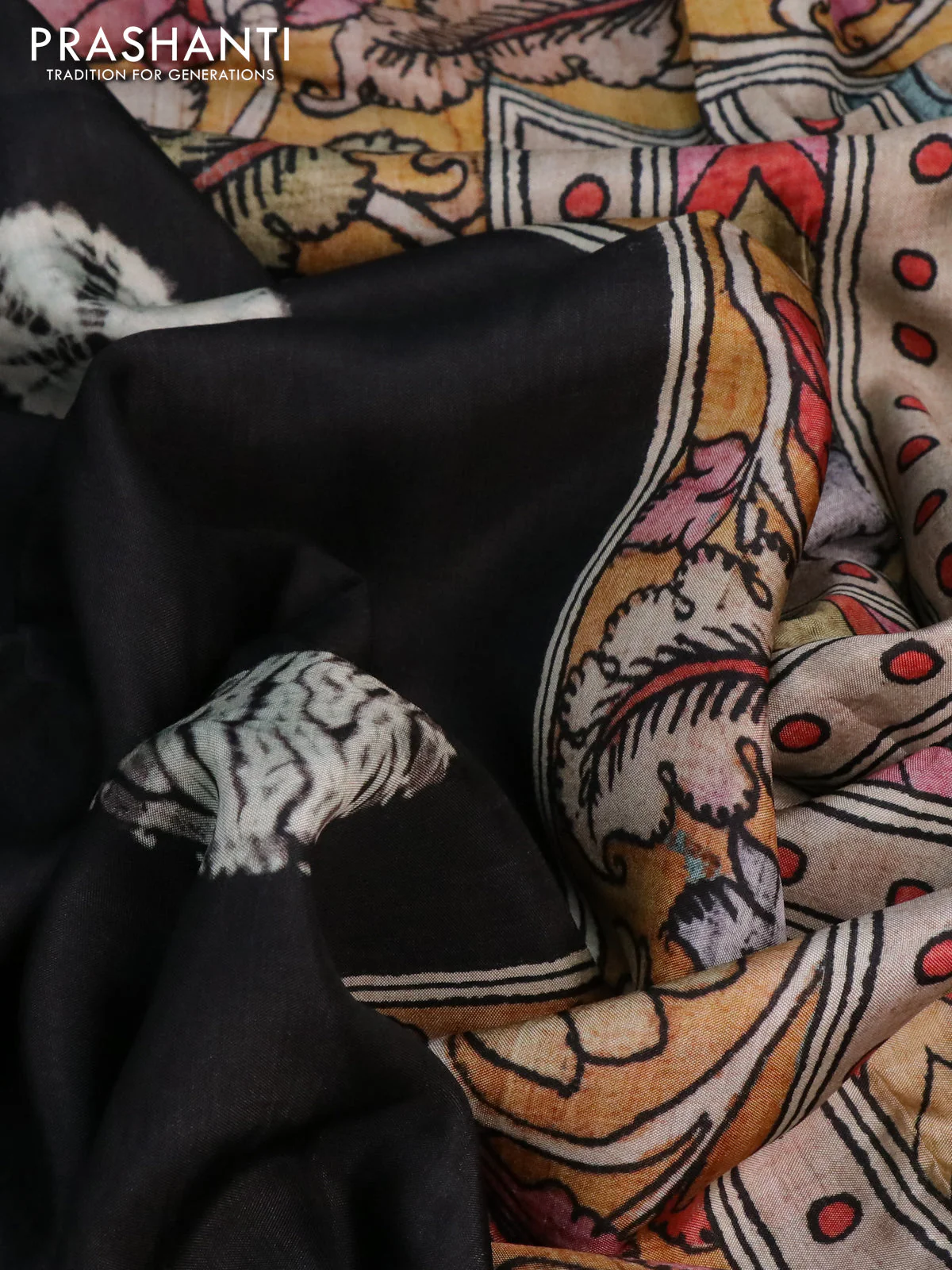 Semi crepe saree black and greyish green with shibori butta prints and kalamkari printed pallu & zari border - Image 9
