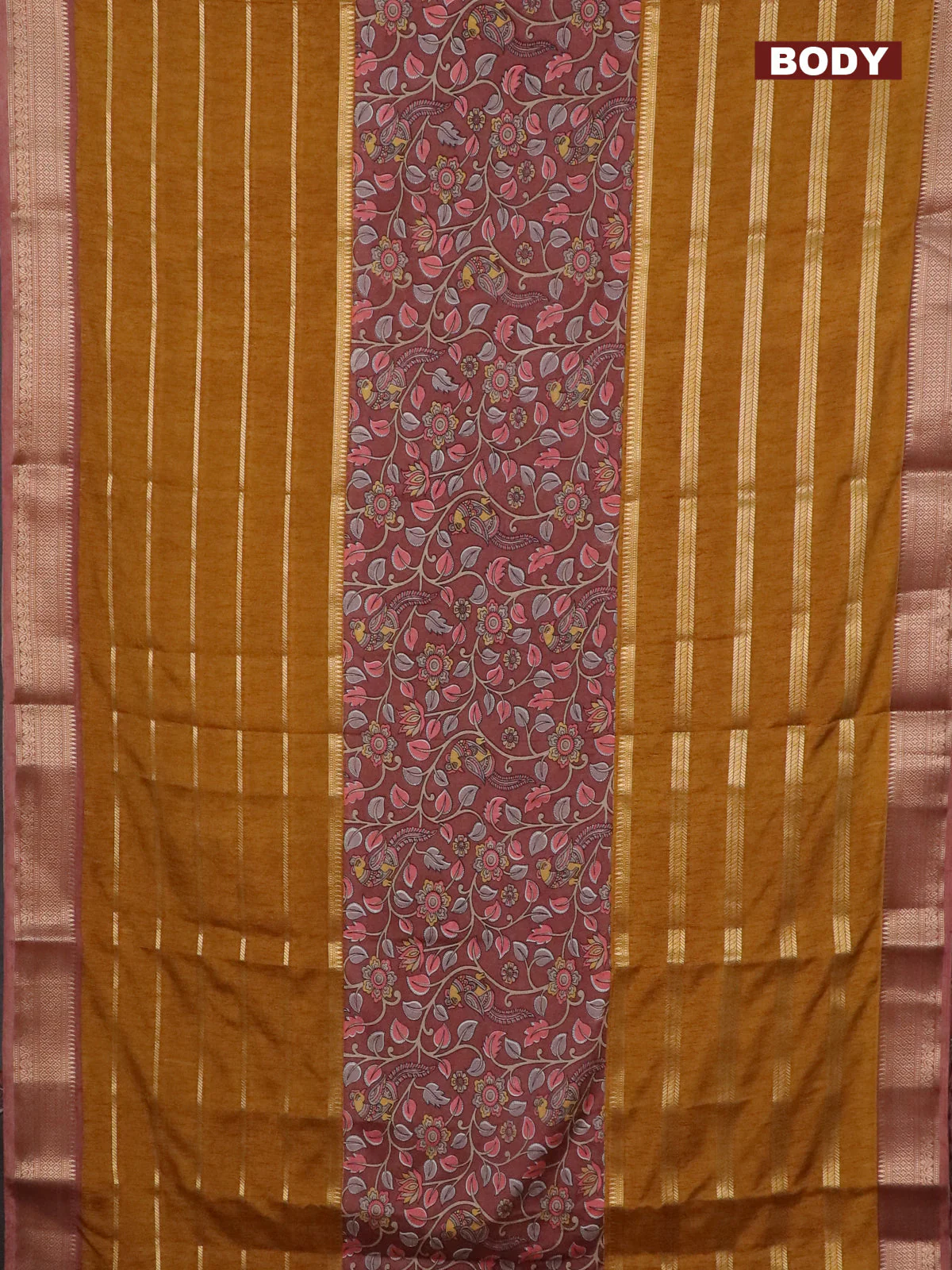 Semi crepe saree dark mustard and pastel brown with kalamkari prints & zari stripes and zari woven border - Image 2