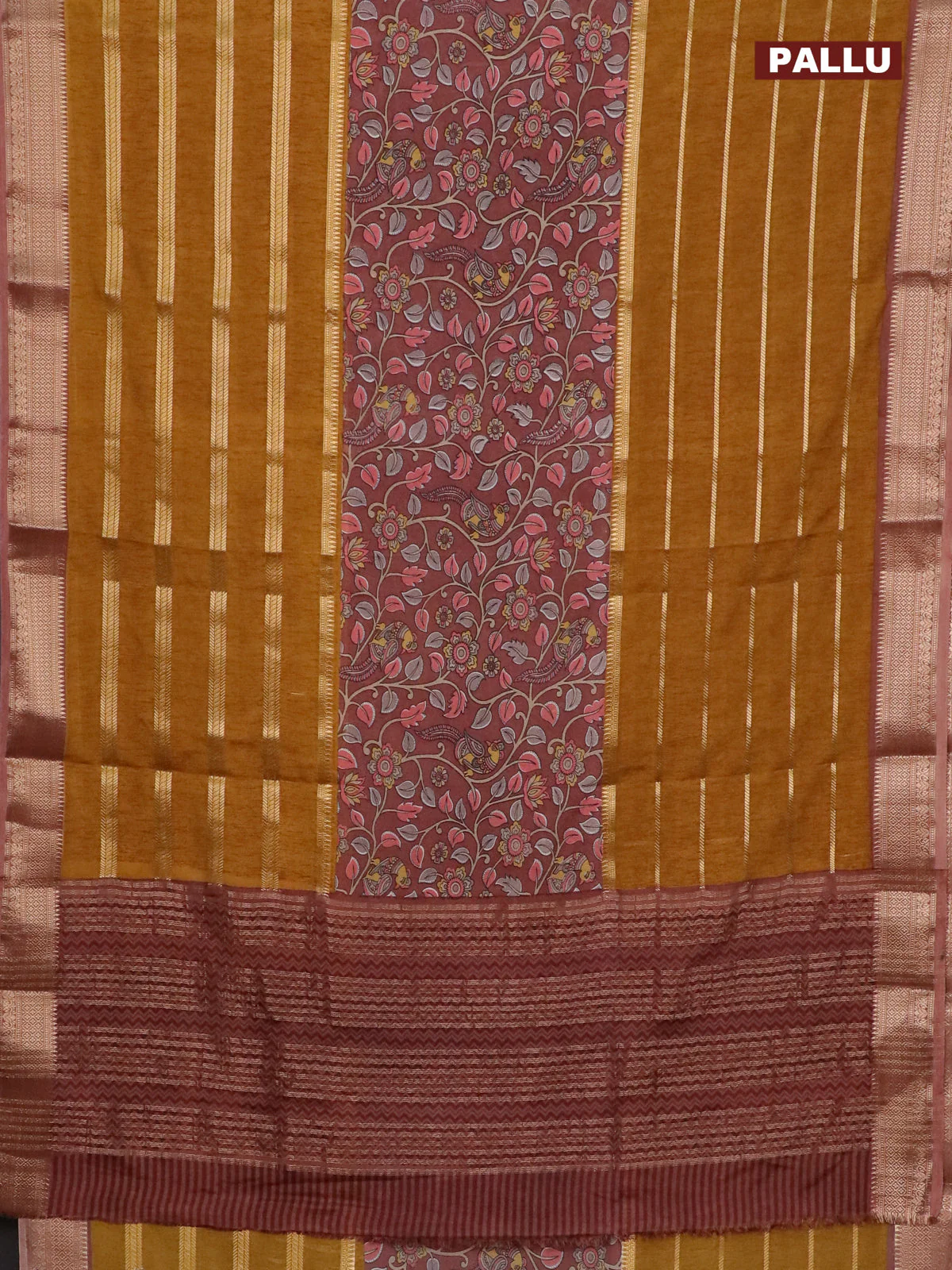 Semi crepe saree dark mustard and pastel brown with kalamkari prints & zari stripes and zari woven border - Image 3