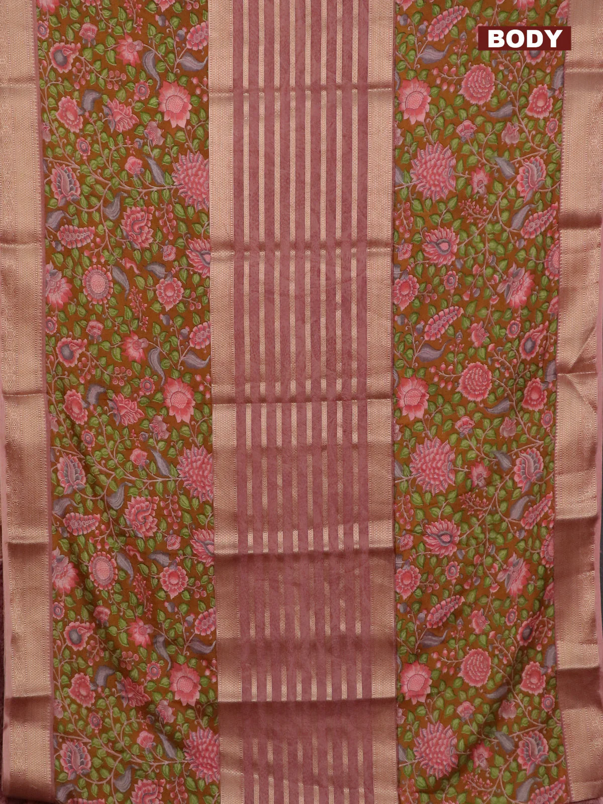 Semi crepe saree dark mustard and pastel brown with zari stripes & kalamkari prints and zari woven border - Image 2