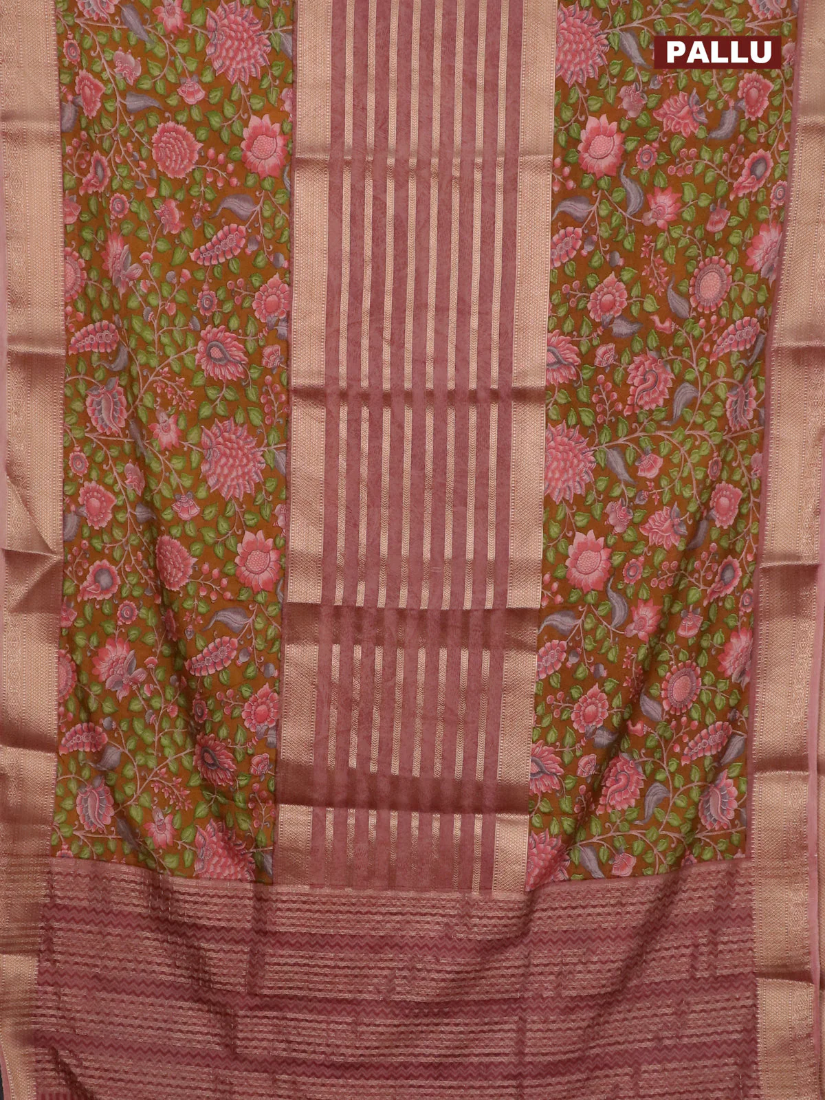 Semi crepe saree dark mustard and pastel brown with zari stripes & kalamkari prints and zari woven border - Image 3