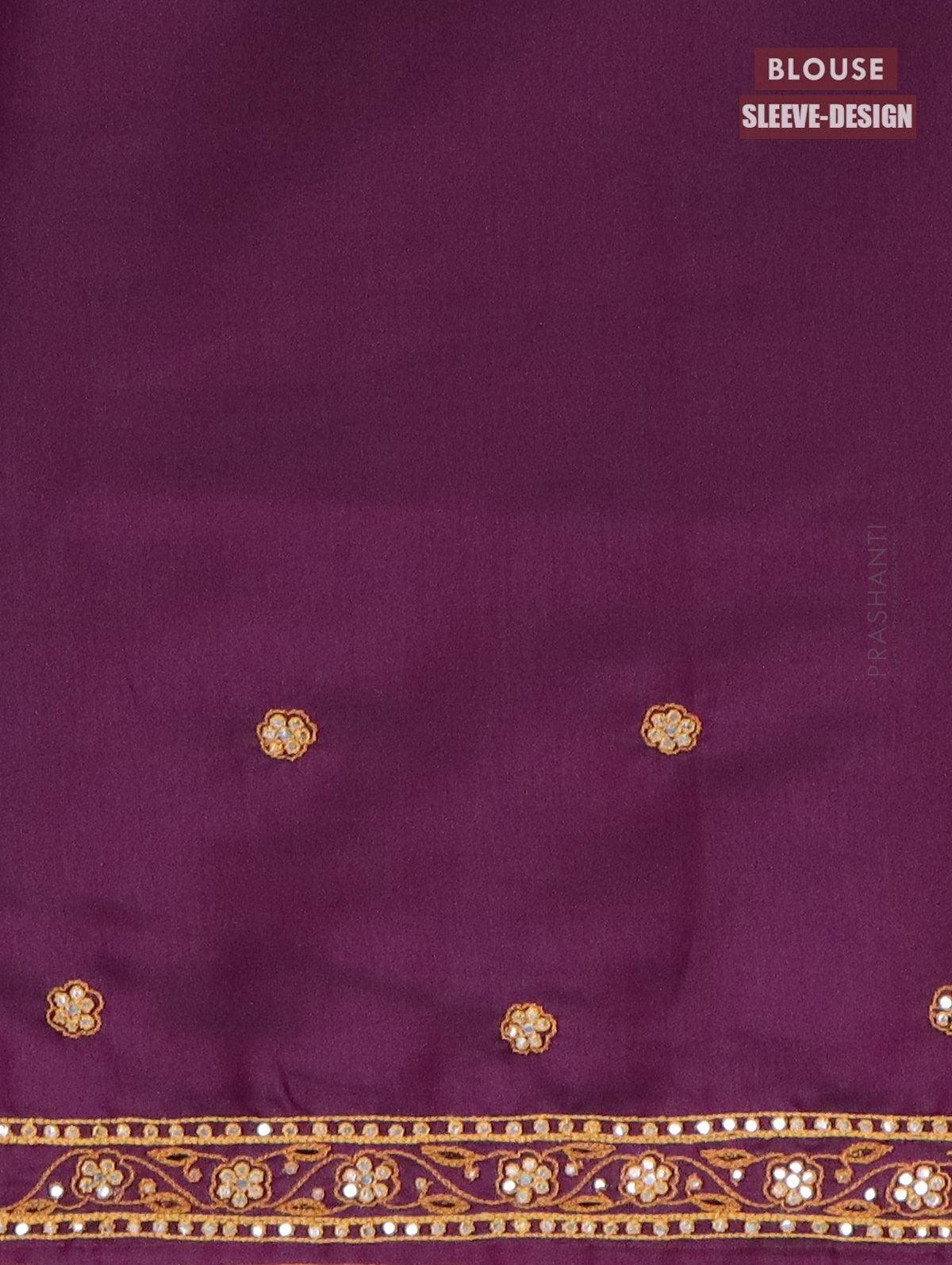 Semi crepe saree deep purple with mirror & embroidery work - Image 4