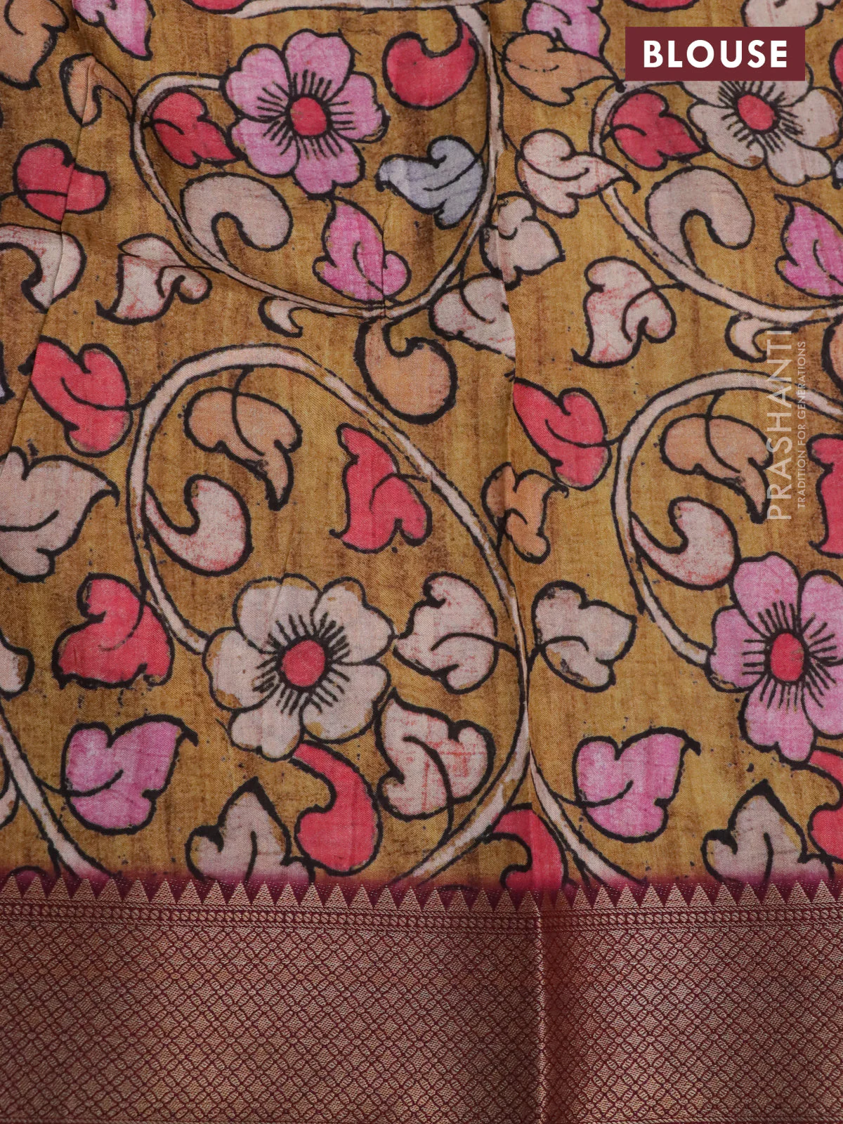 Semi crepe saree wine shade and mustard yellow with shibori butta prints and kalamkari printed pallu & zari border - Image 10
