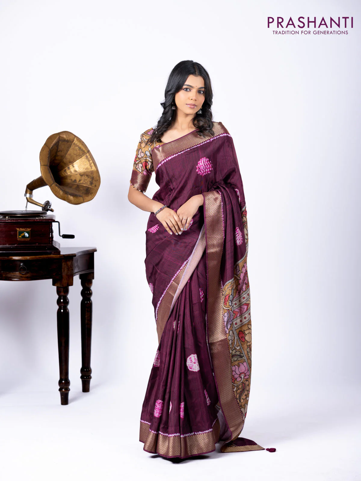 Semi crepe saree wine shade and mustard yellow with shibori butta prints and kalamkari printed pallu & zari border - Image 2