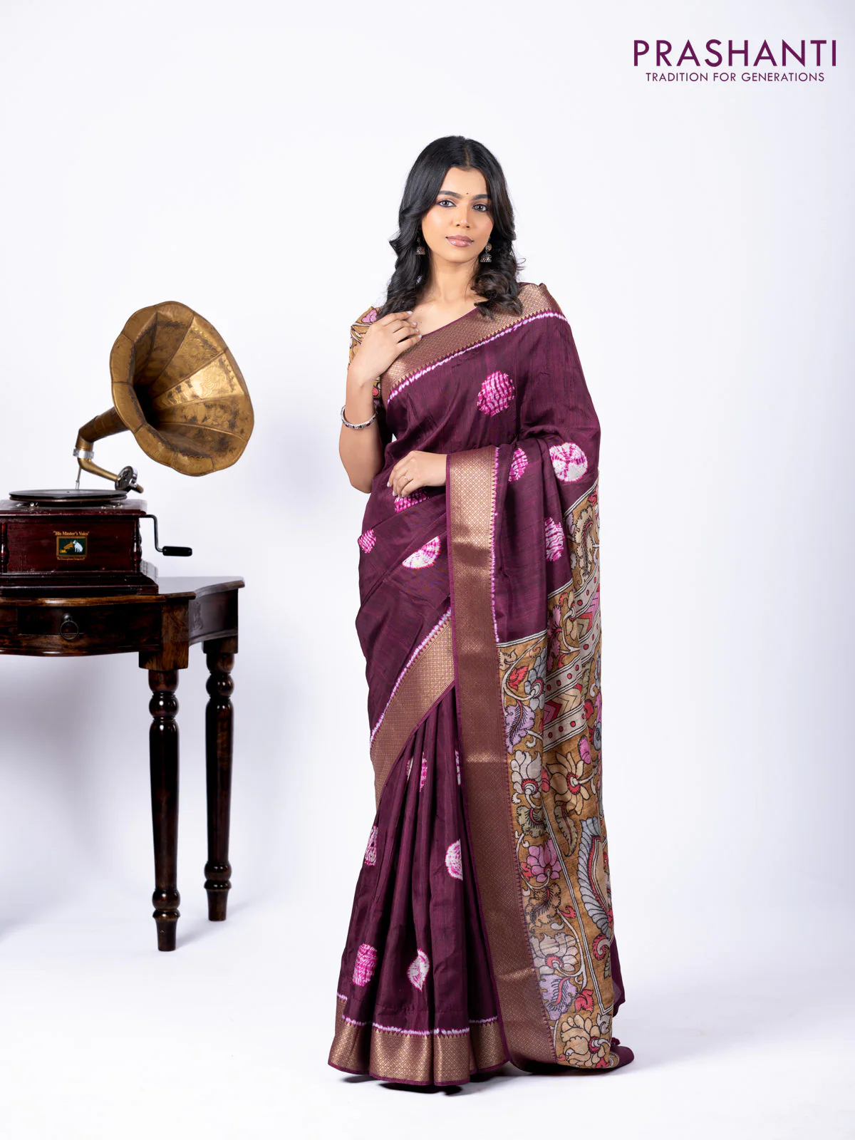 Semi crepe saree wine shade and mustard yellow with shibori butta prints and kalamkari printed pallu & zari border - Image 3
