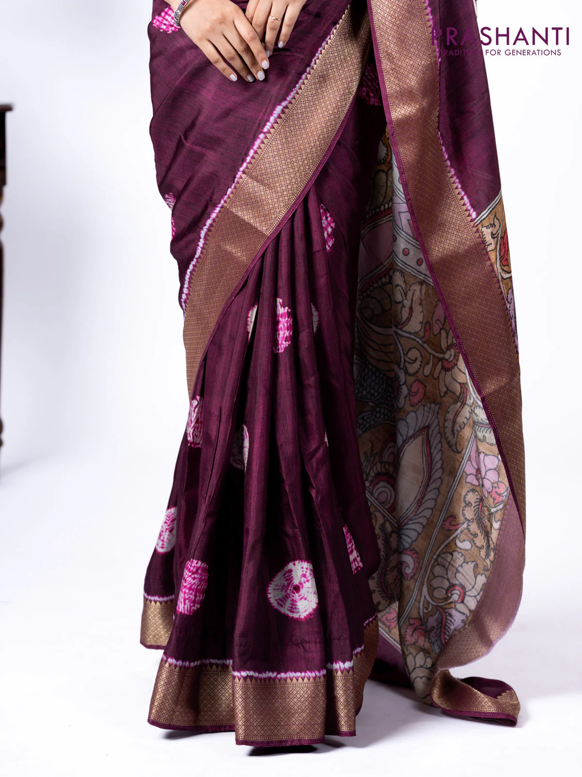 Semi crepe saree wine shade and mustard yellow with shibori butta prints and kalamkari printed pallu & zari border - Image 6