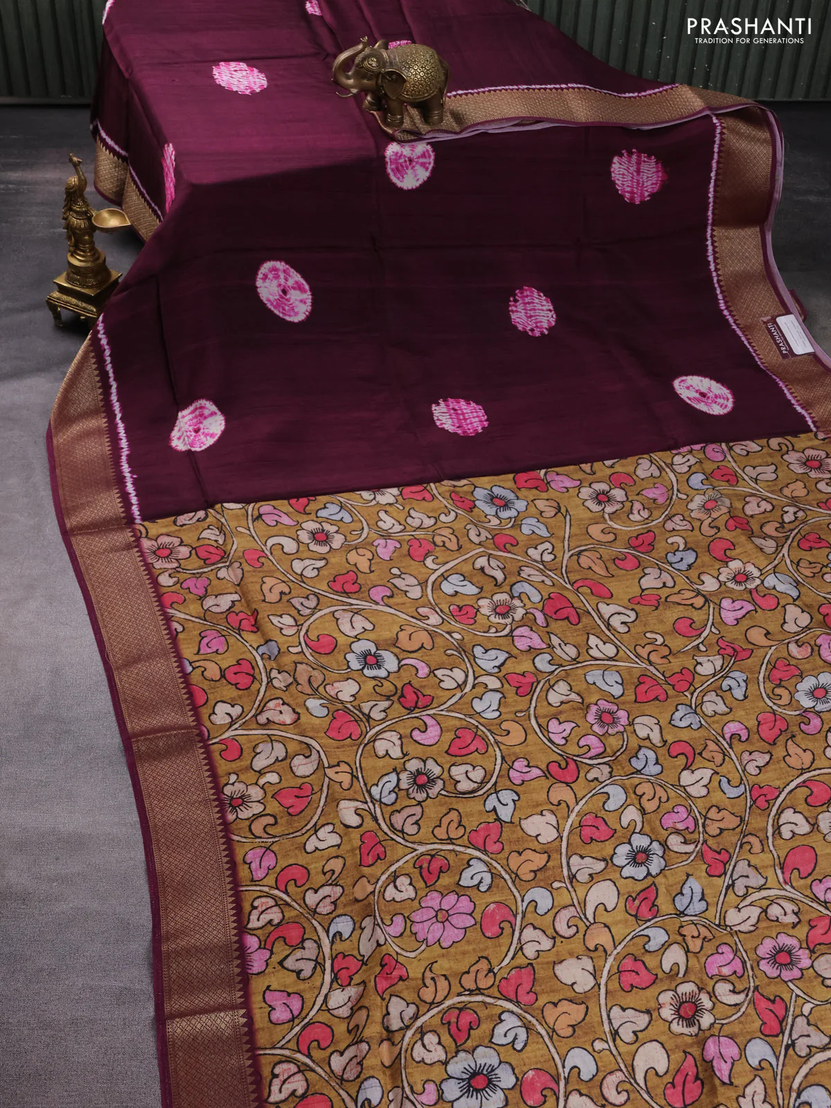 Semi crepe saree wine shade and mustard yellow with shibori butta prints and kalamkari printed pallu & zari border - Image 8